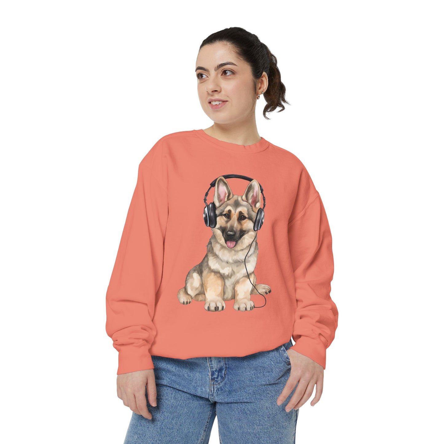 Unisex Dog Lover Sweatshirt With a German Shepherd Wearing Headphones Enjoying Music