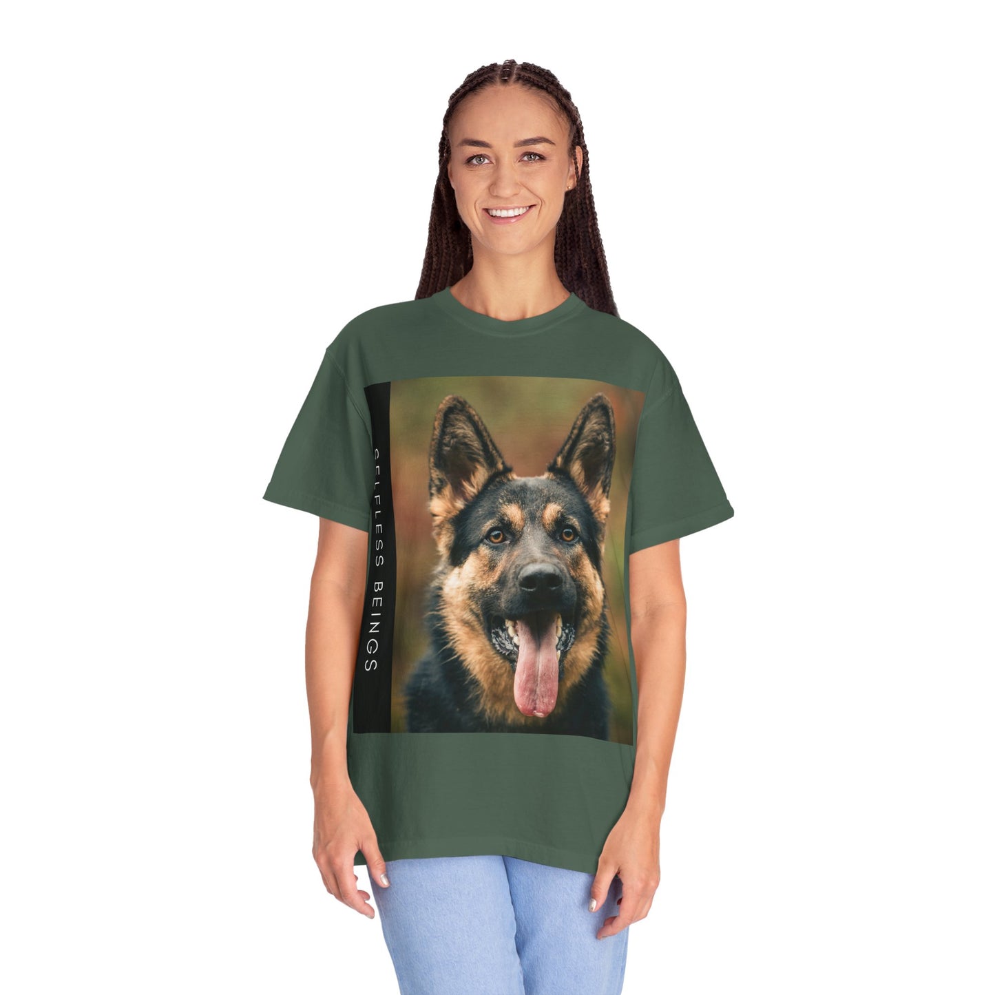 Unisex Dog Lover T-Shirt With Close Up of German Shepherd Leaving His Tongue Out and Caption Selfless Beings
