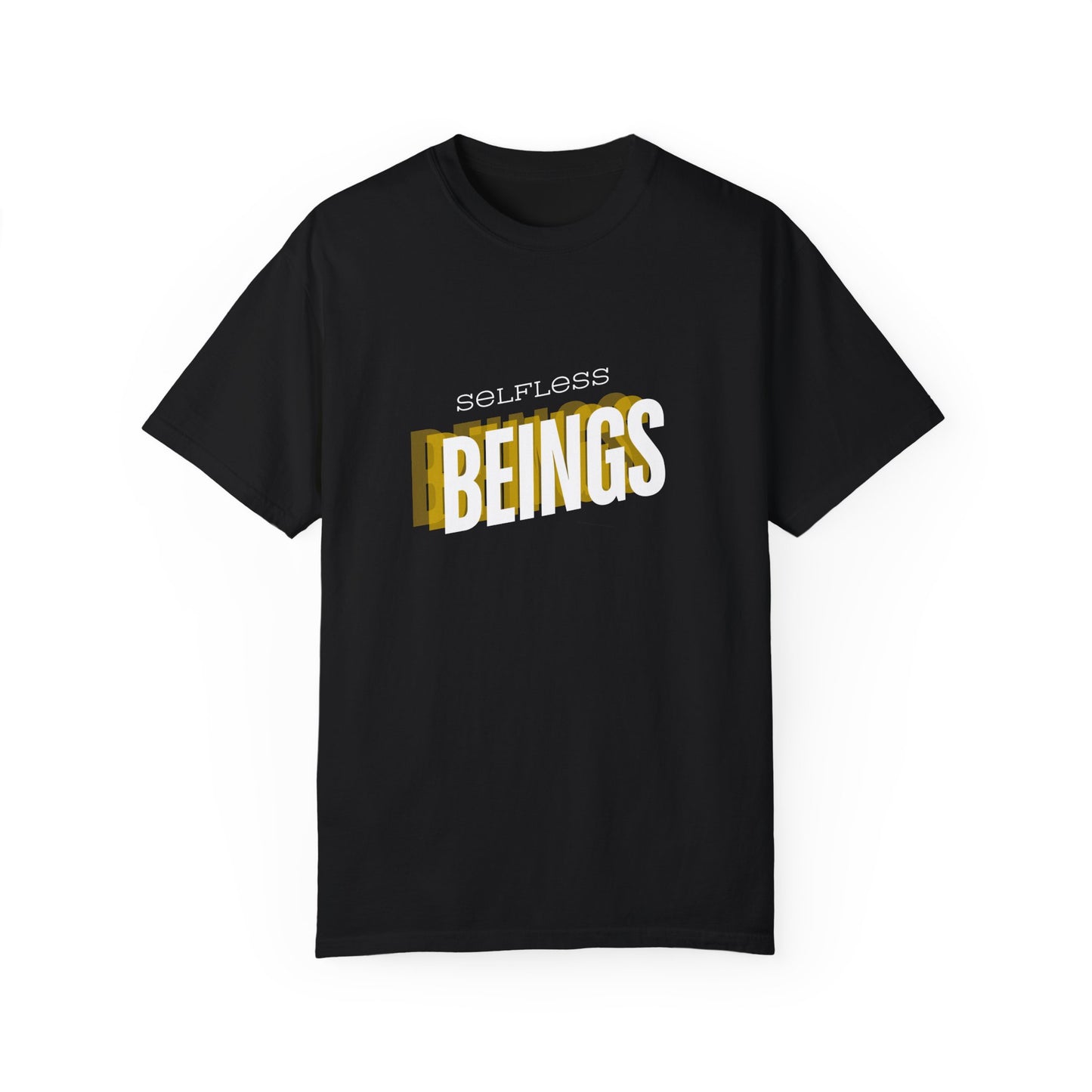 Unisex Dog Lover T-Shirt With Text "Selfless Beings" Designed Using Dark Yellow, Light Yellow and White Colors