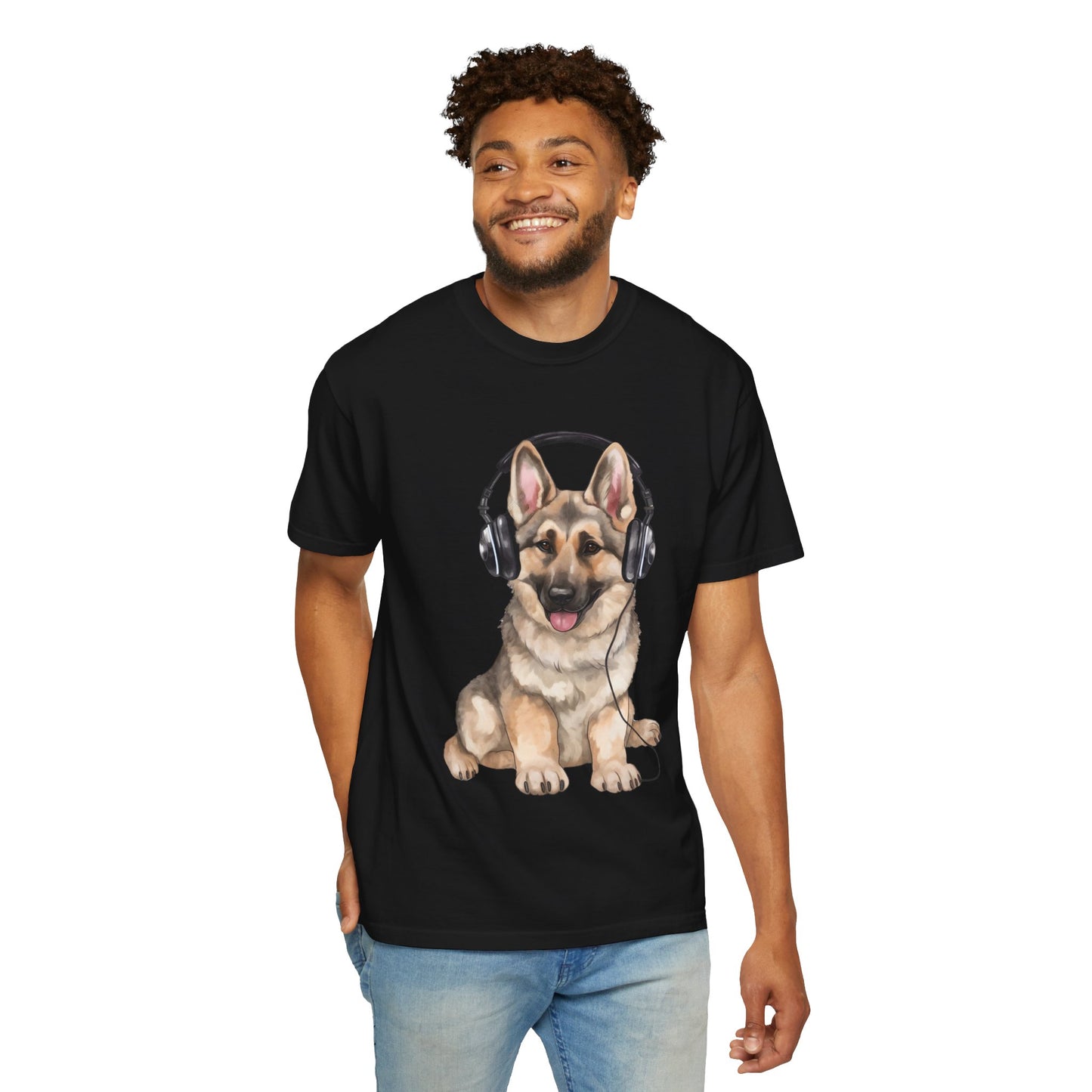 Unisex Dog Lover T-Shirt With a Graphic of German Shepherd Wearing Headphones Enjoying Music