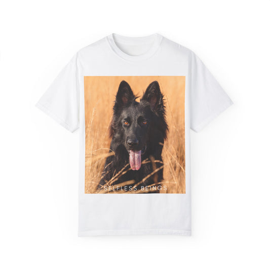 Unisex Dog Lover T-Shirt With Solid Black German Shepherd in the Middle of Long Dry Grass Leaving Tongue and Caption Selfless Beings