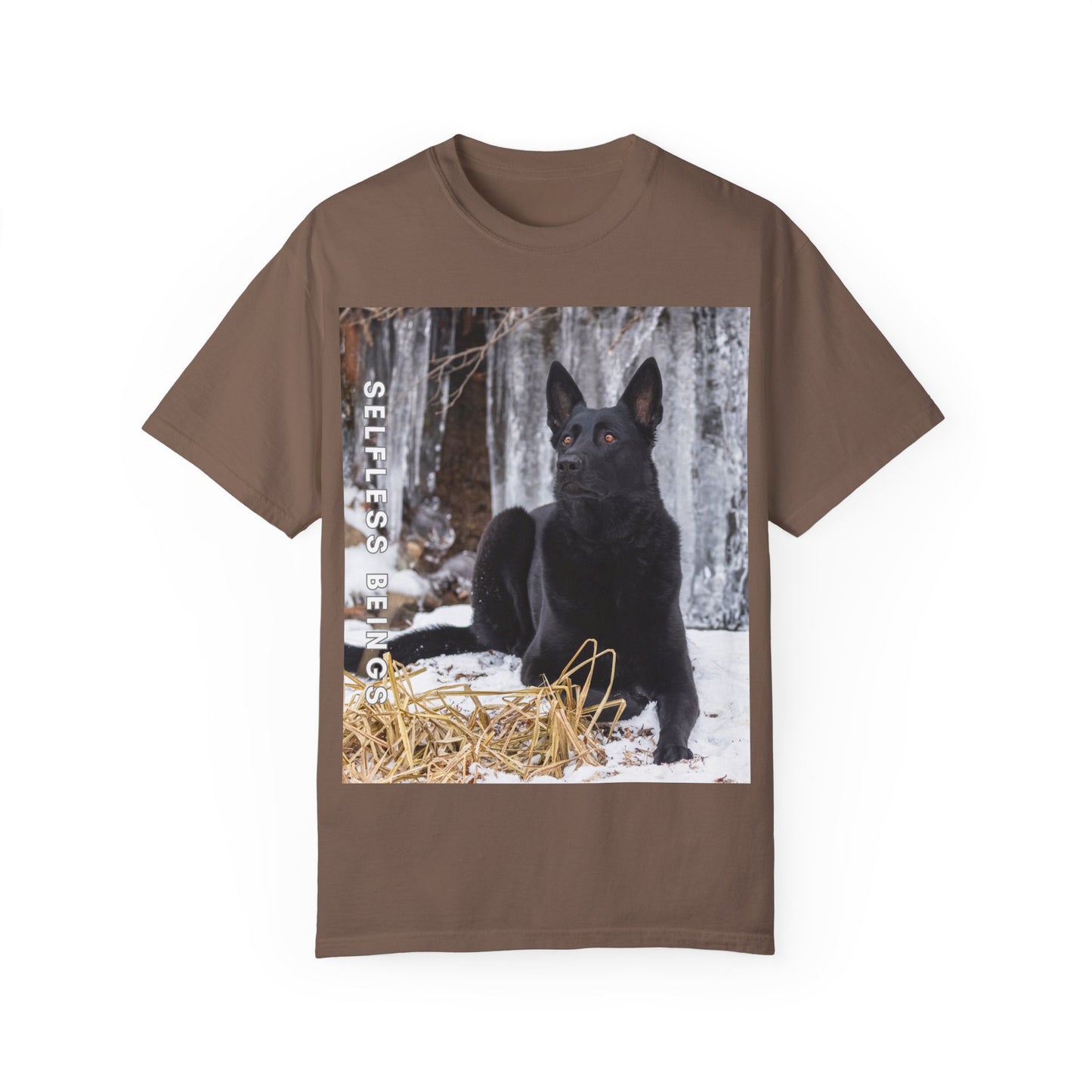 Unisex Dog Lover T-Shirt With Solid Black German Shepherd Sitting on the Snow, Ice Spikes in the Background and Caption Selfless Beings
