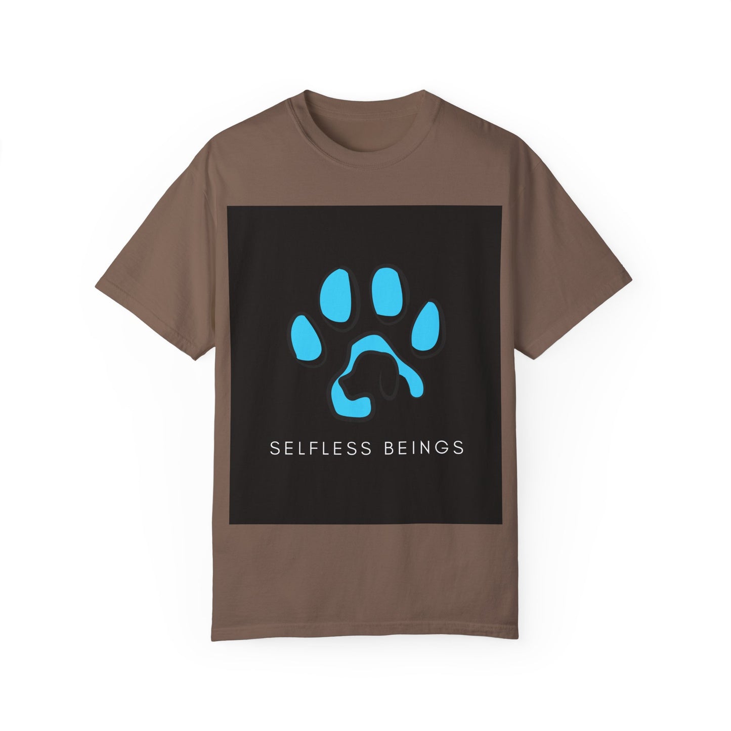 Unisex Dog Lover T-Shirt With Graphic of Blue Colored Dog Paw's Print Whose Metacarpal Contains a Design of Black Dog and Caption Selfless Beings Below