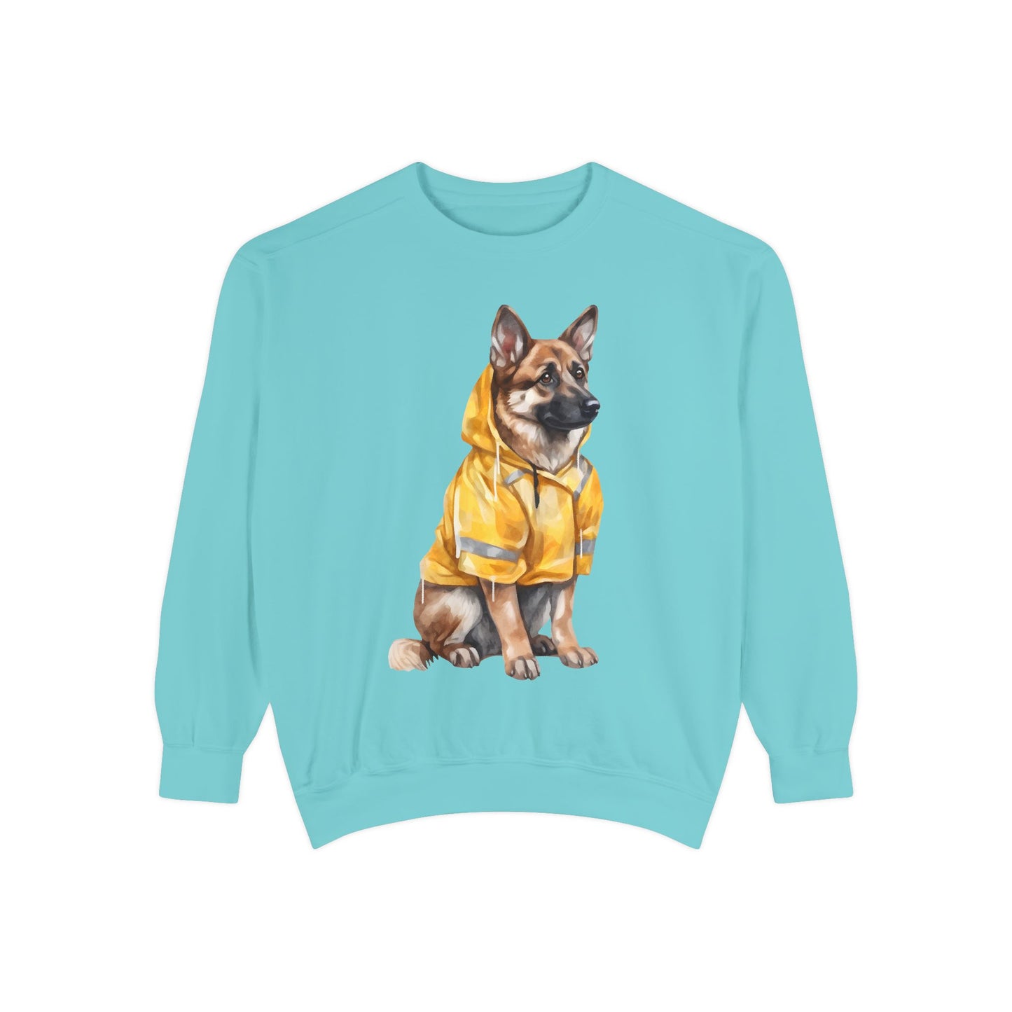 Unisex Dog Lover Sweatshirt With a Graphic of German Shepherd Wearing a Yellow Rain Coat