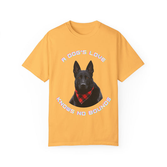 Unisex Dog Lover T-Shirt With Black German Shepherd Wearing a Romal and Quote A Dog’s Love Knows No Bounds