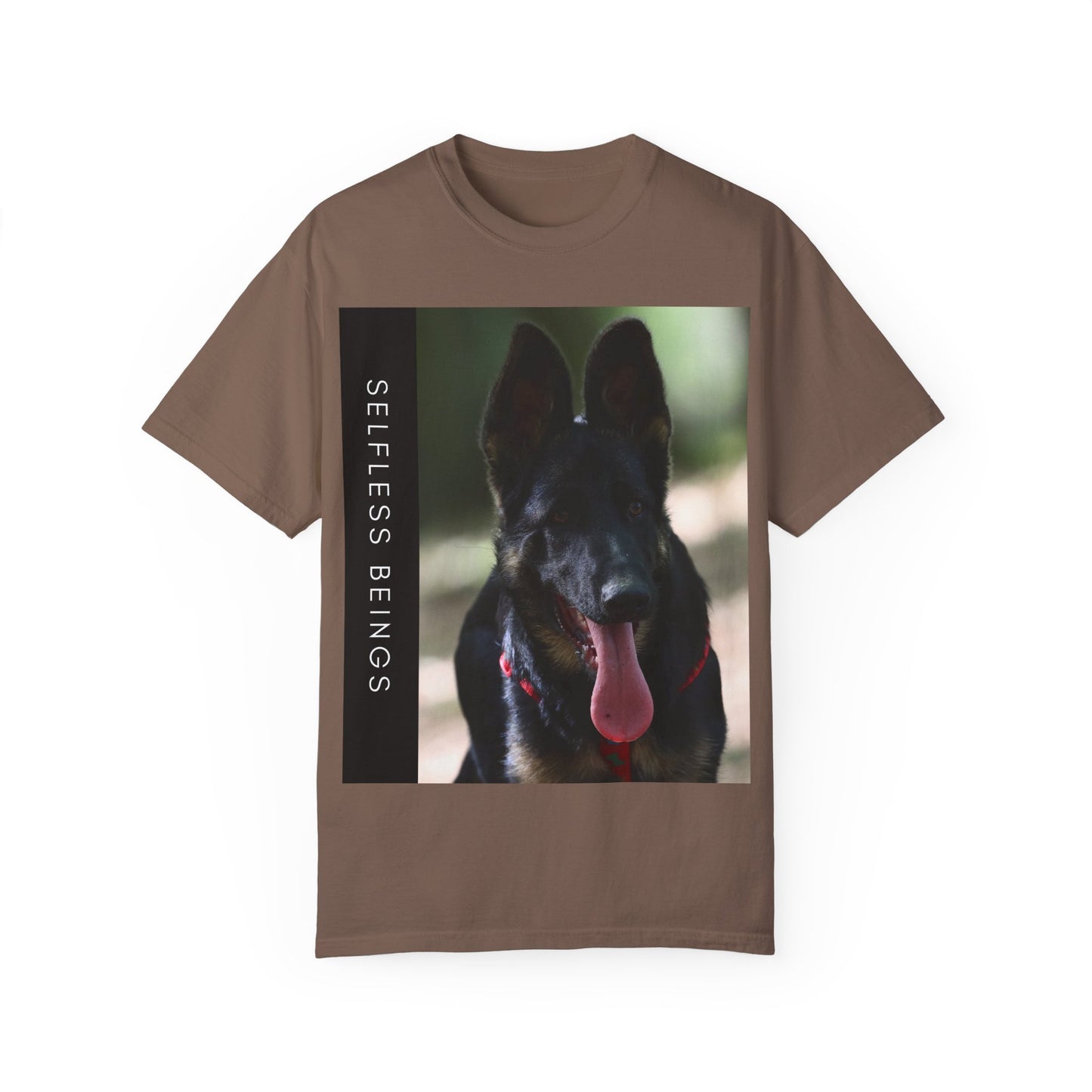 Unisex Dog Lover T-Shirt With Close Up Portrait of Slim German Shepherd Leaving His Tongue Out and Caption Selfless Beings
