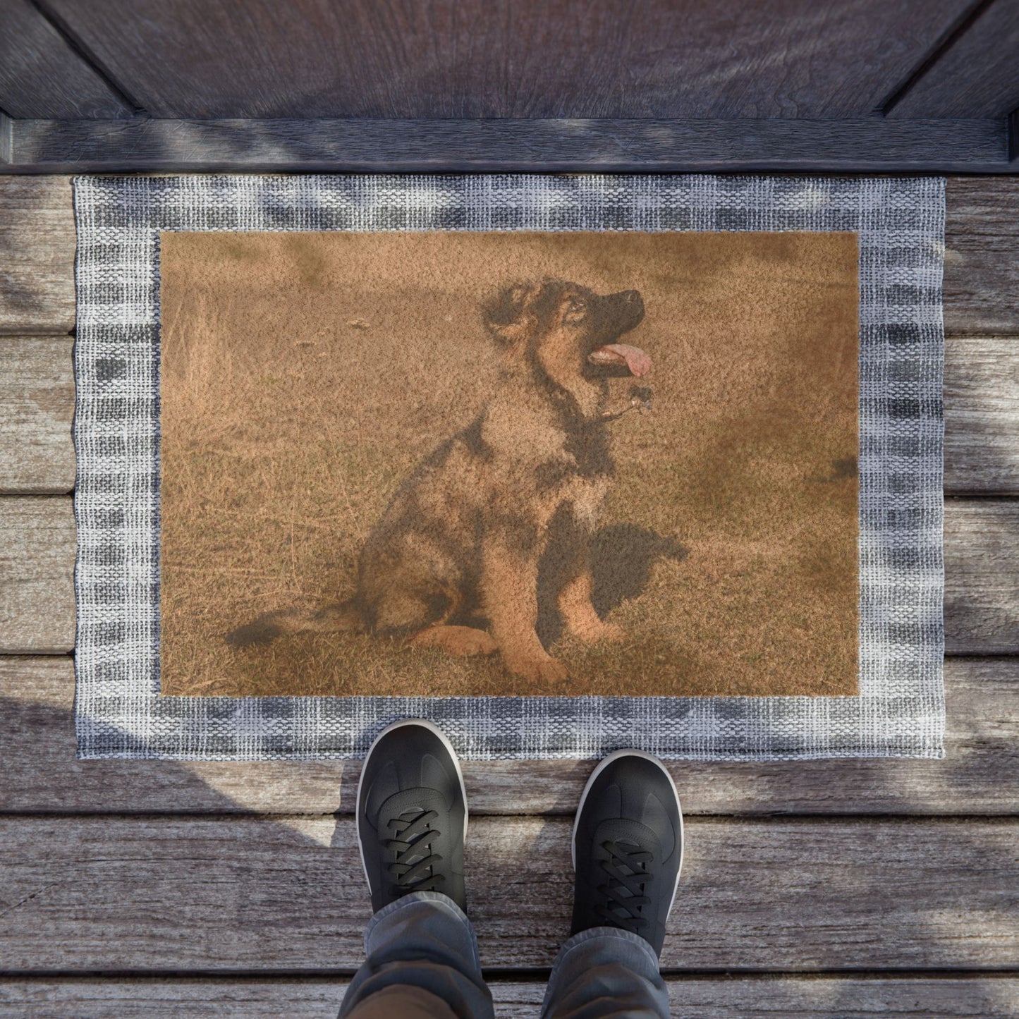 Personalized Pet Welcome Doormat Featuring a Cute Sable German Shepherd Puppy Sloppily Sitting