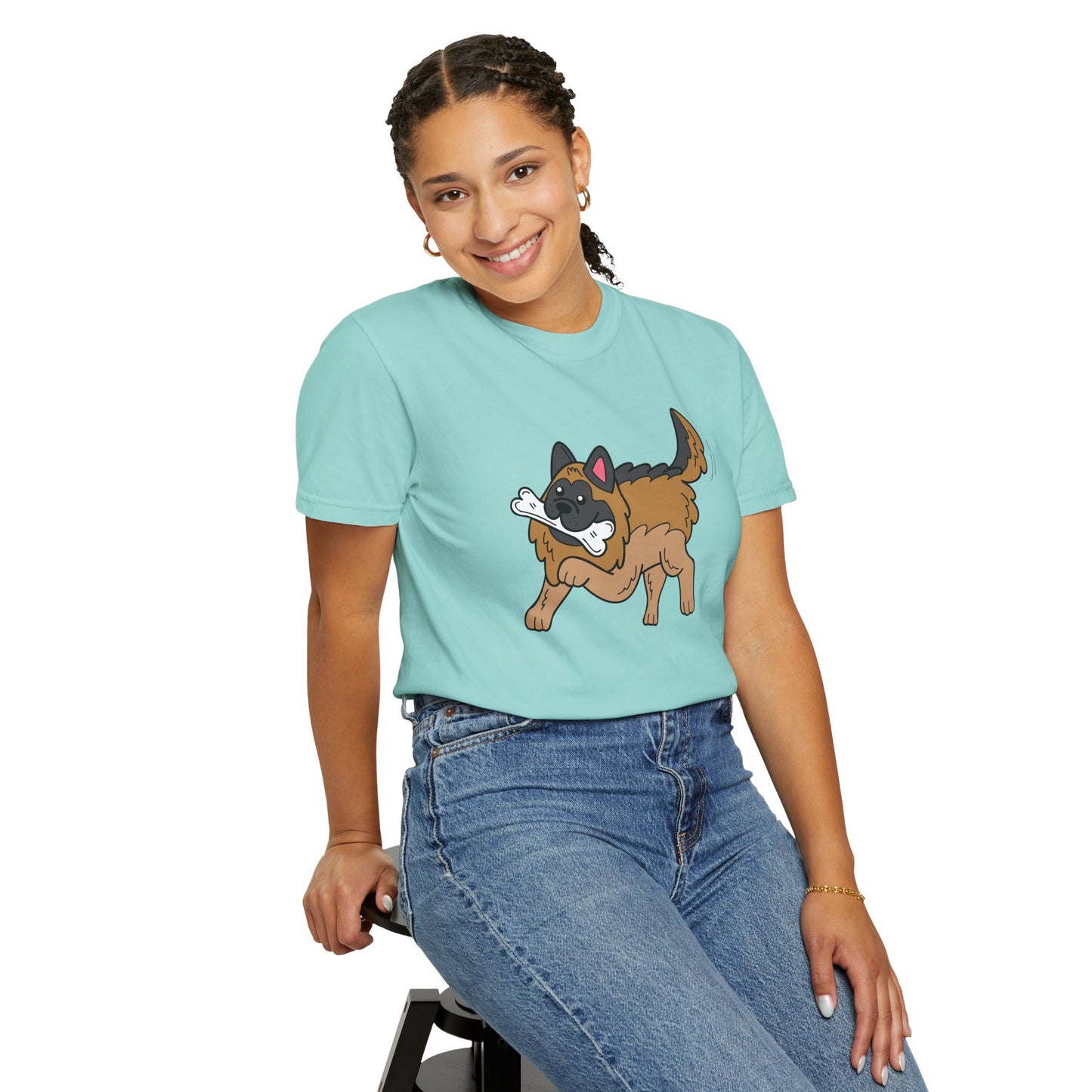 Unisex Dog Lover T-Shirt With a Graphic of a German Shepherd Holding a White Bone in Mouth