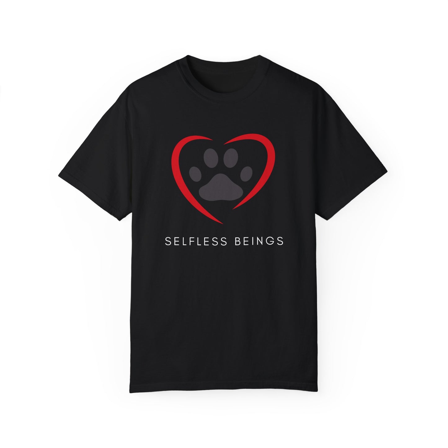 Unisex Dog Lover T-Shirt With Graphic of Curvy Heart Boundaries Contain Dog Paw Print and Caption Selfless Beings Below