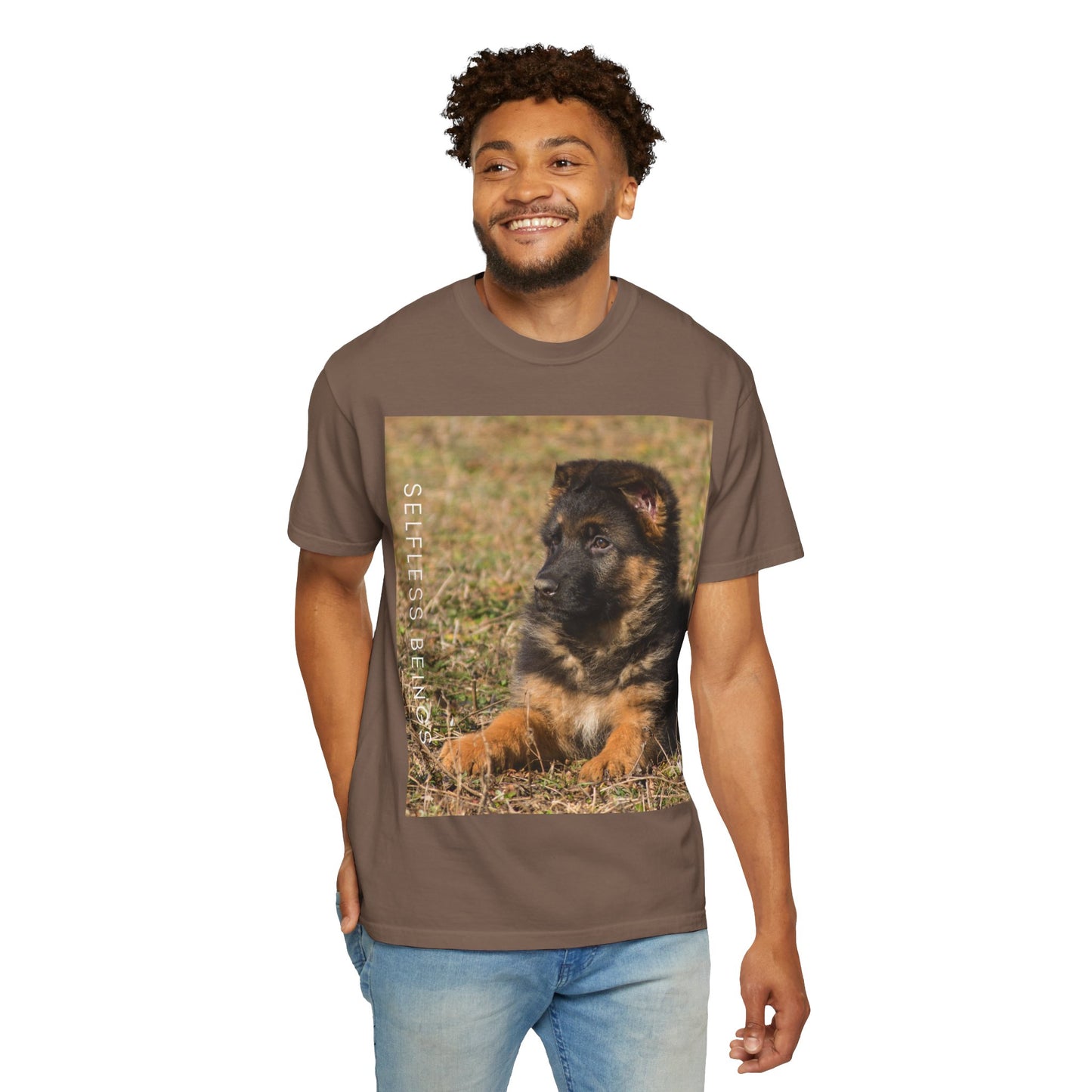 Unisex Dog Lover T-Shirt With Beautiful German Shepherd Puppy Resting On the Grass and Caption Selfless Beings