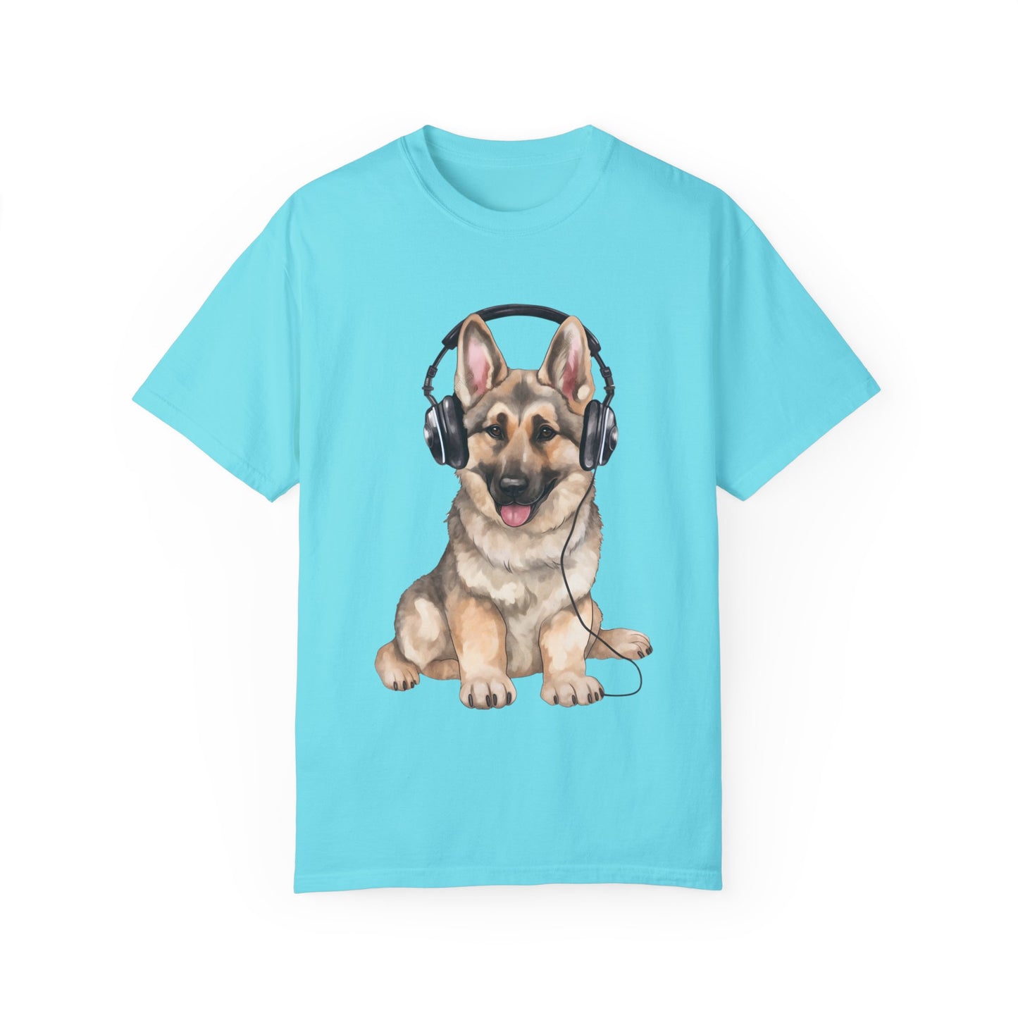 Unisex Dog Lover T-Shirt With a Graphic of German Shepherd Wearing Headphones Enjoying Music