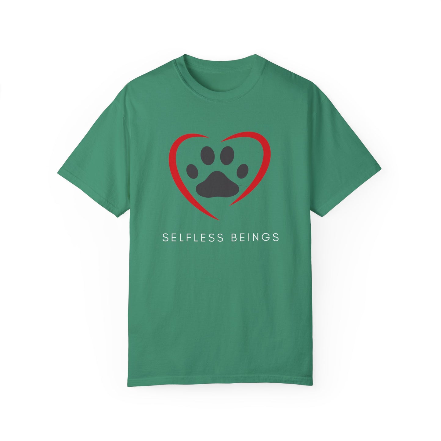 Unisex Dog Lover T-Shirt With Graphic of Curvy Heart Boundaries Contain Dog Paw Print and Caption Selfless Beings Below