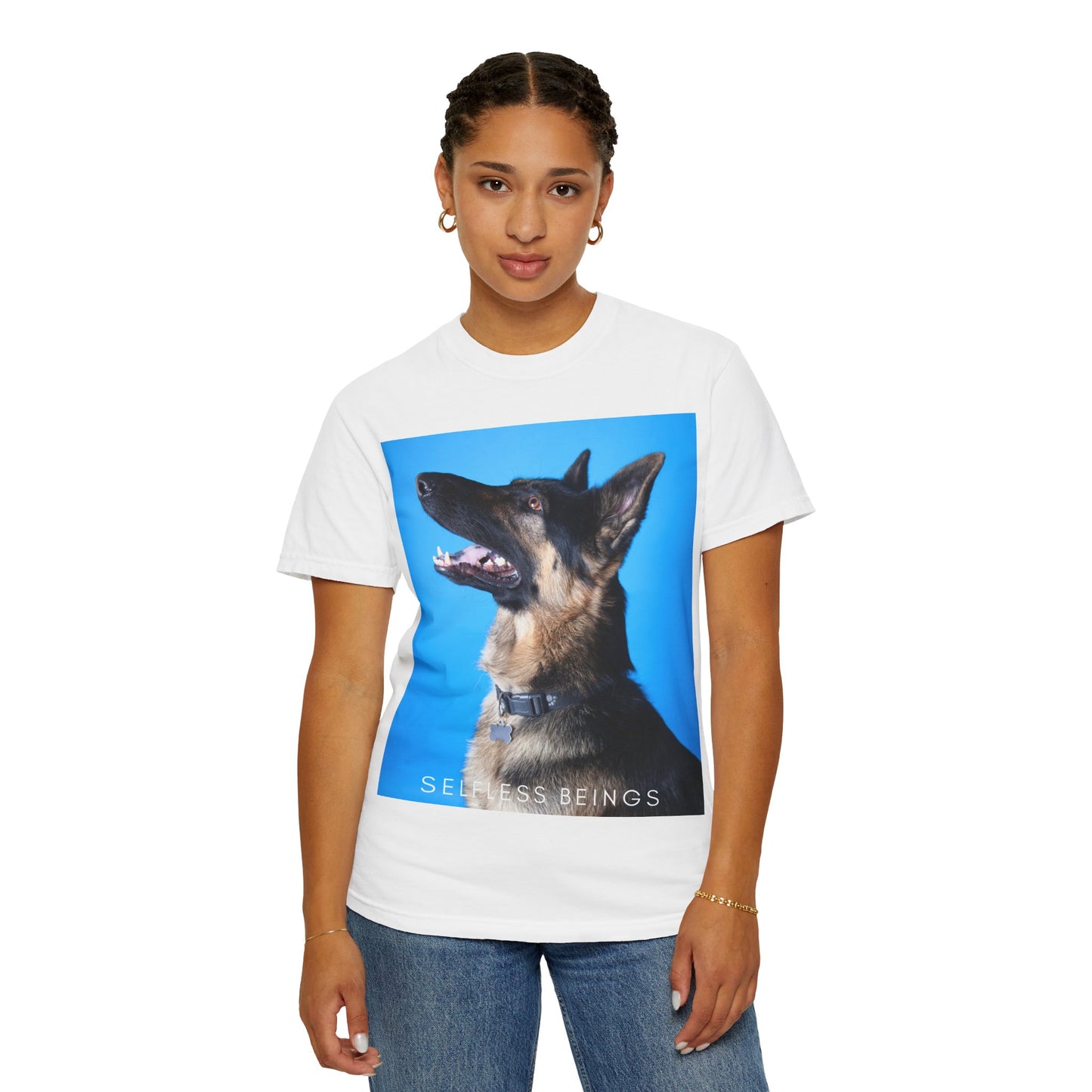 Unisex Dog Lover T-Shirt With Close Up Portrait of German Shepherd from Side Angle, Having Blue Background and Caption Selfless Beings