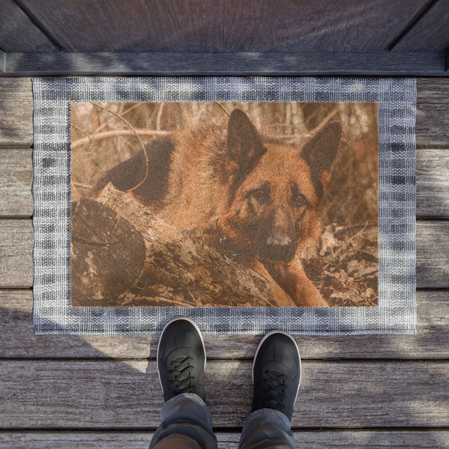 Doormat Featuring A Surprised German Shepherd Sitting on the Leaves