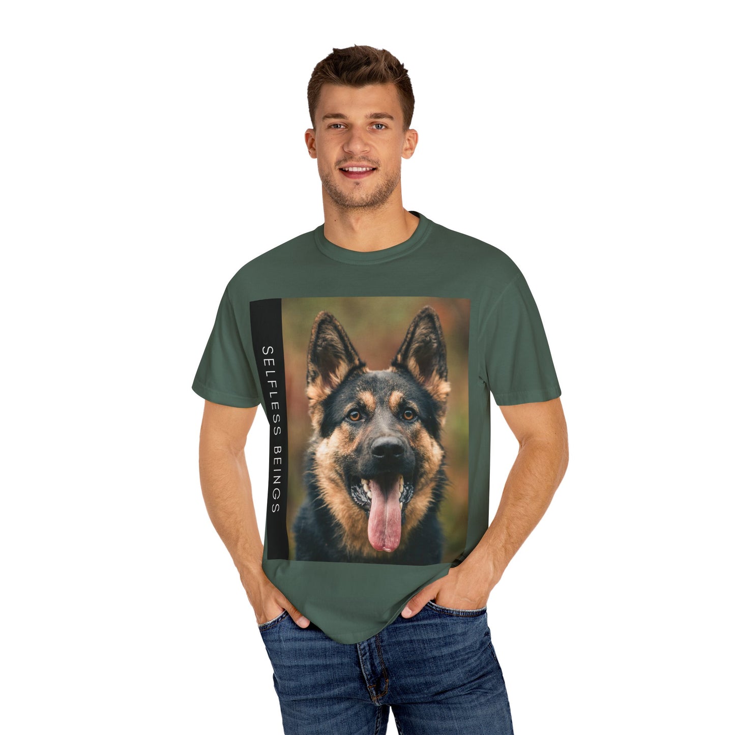 Unisex Dog Lover T-Shirt With Close Up of German Shepherd Leaving His Tongue Out and Caption Selfless Beings