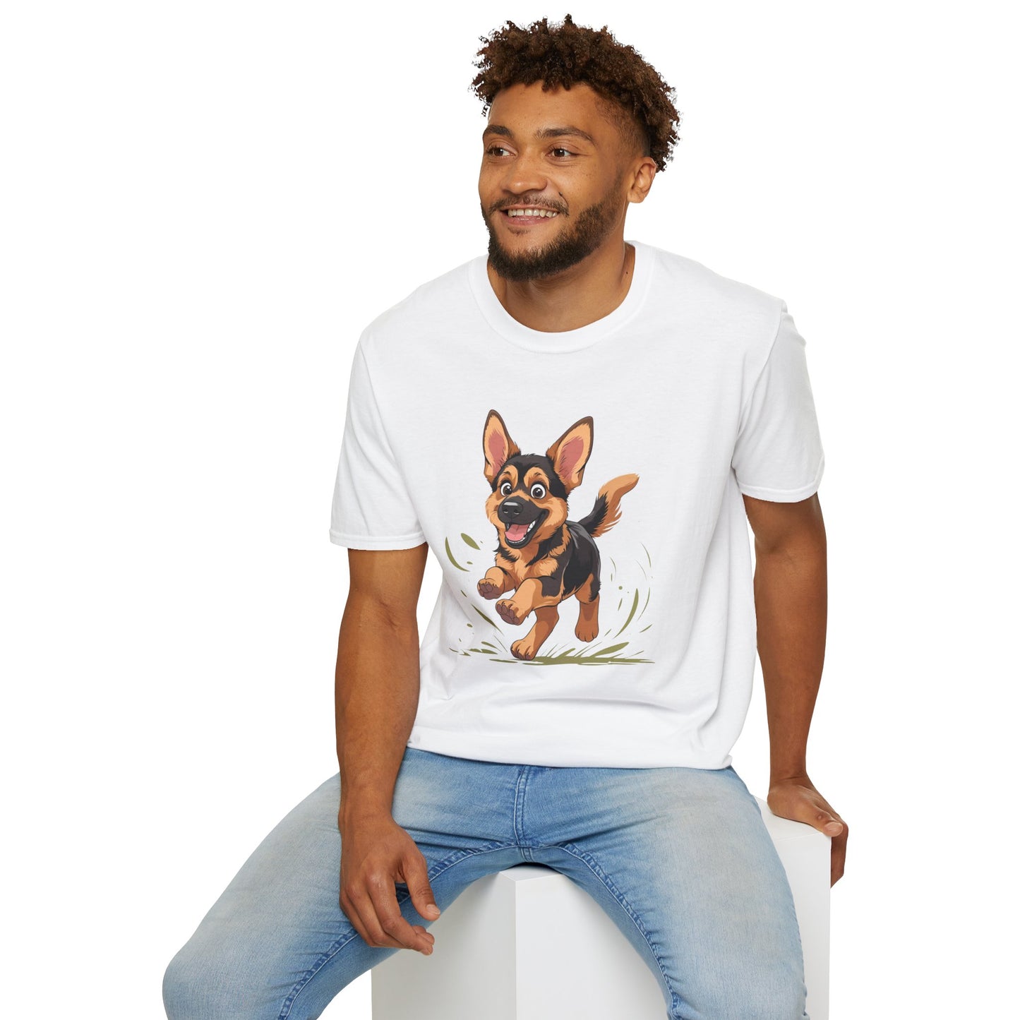 Cute Playing Puppy Graphic Unisex Softstyle T-Shirt, Dog Lover Gift, Casual Wear, Animal Theme Shirt, Perfect for Birthdays, Pet Owners