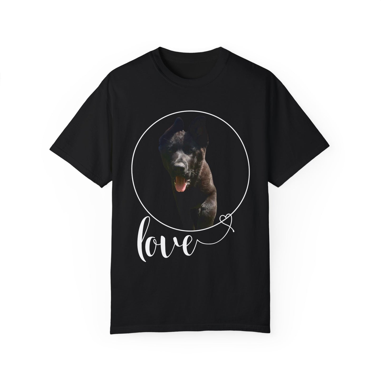 Unisex Dog Lover T-Shirt With Solid Black German Shepherd Walking On a Grass and Text Love
