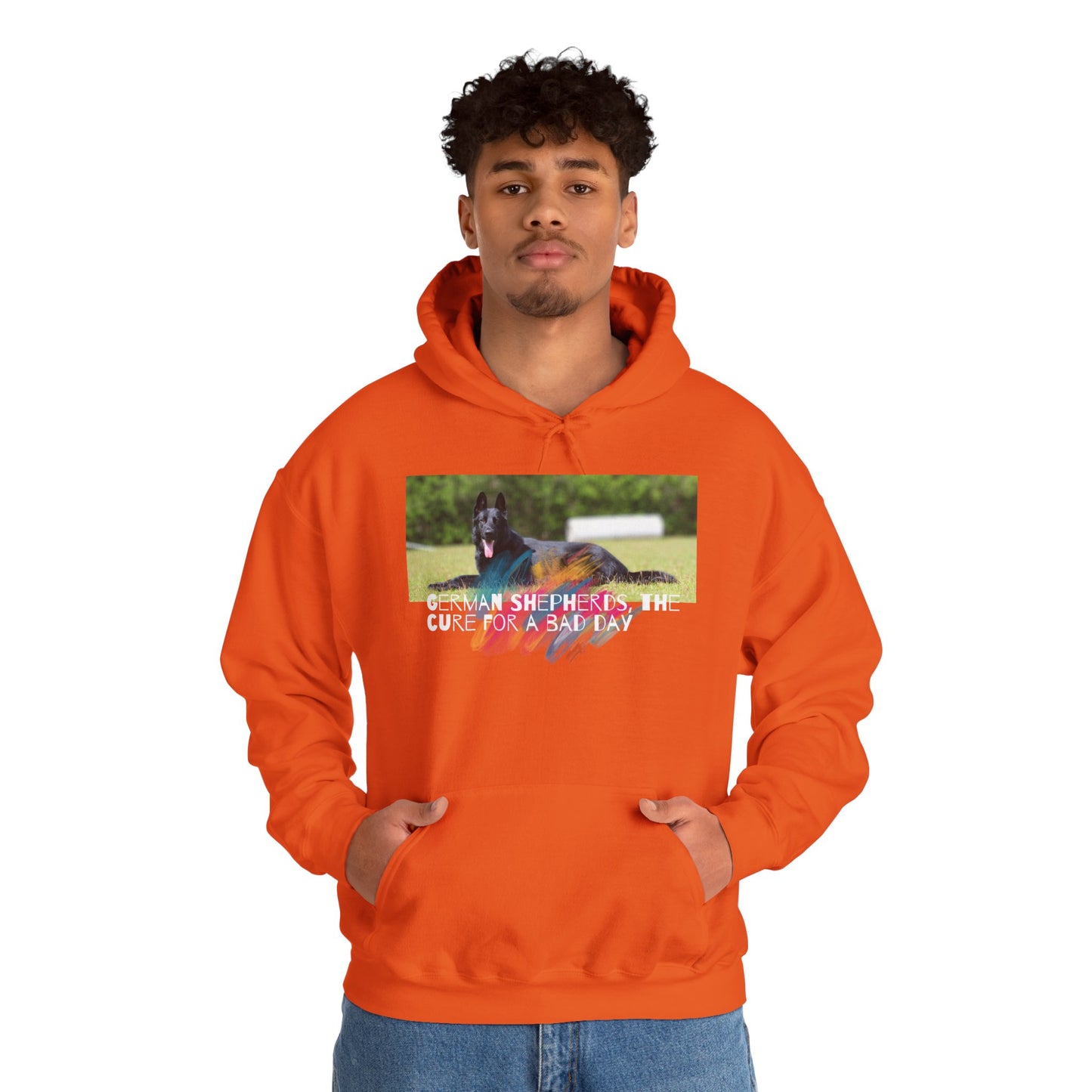 Unisex Dog Lover Hoodie With a Black German Shepherd Leaving Tongue Out and Caption The Cure for Bad Day