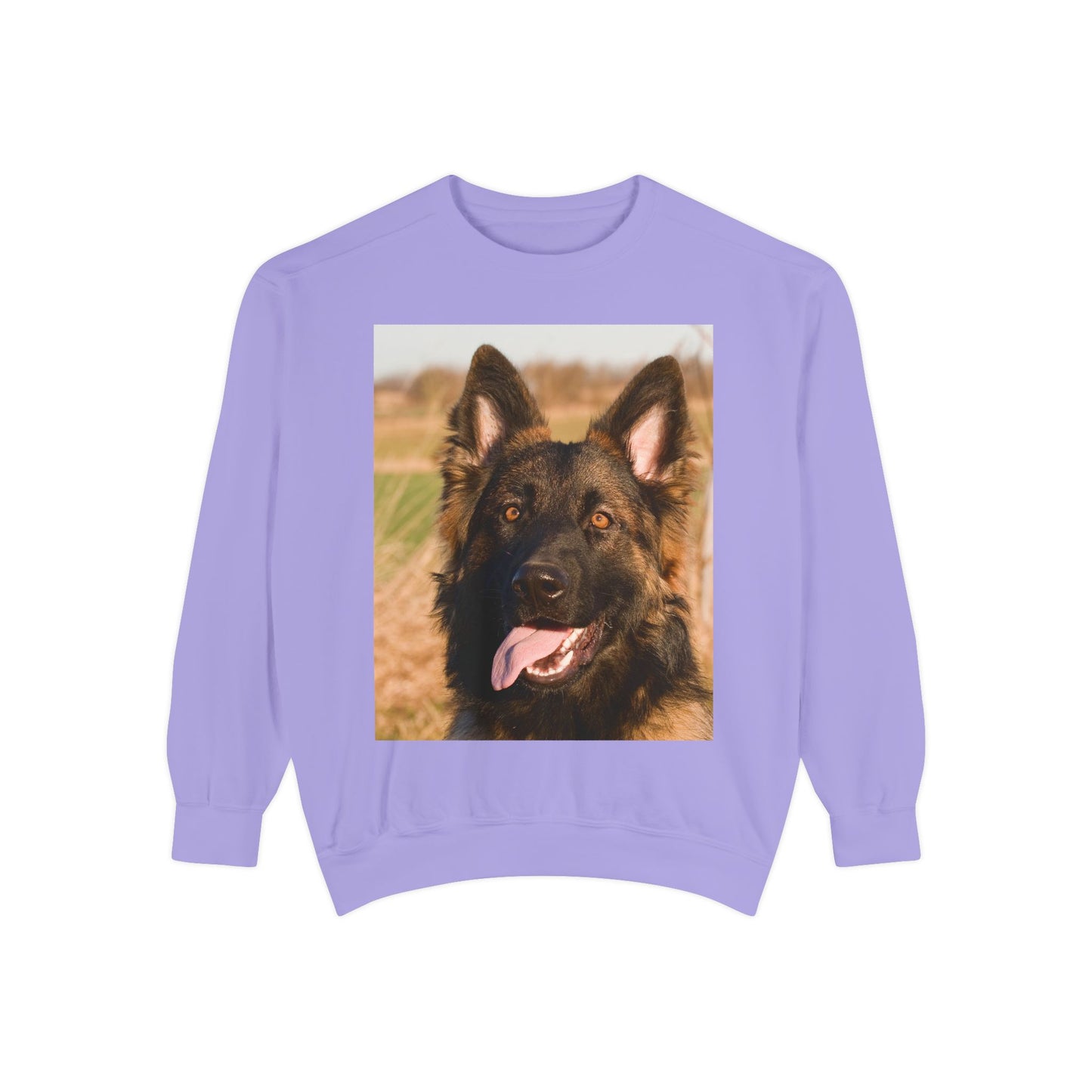 Unisex Dog Lover Sweatshirt With Close Up of Long Coat German Shepherd Sticking Tongue Out