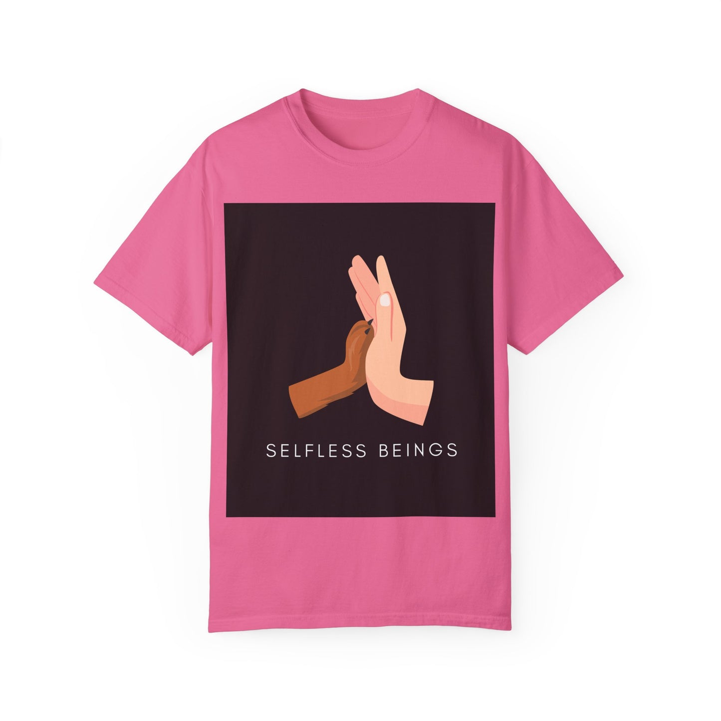 Unisex Dog Lover T-Shirt With Graphic of Human Hand Touching Dog's Paw and Selfless Beings Caption Below