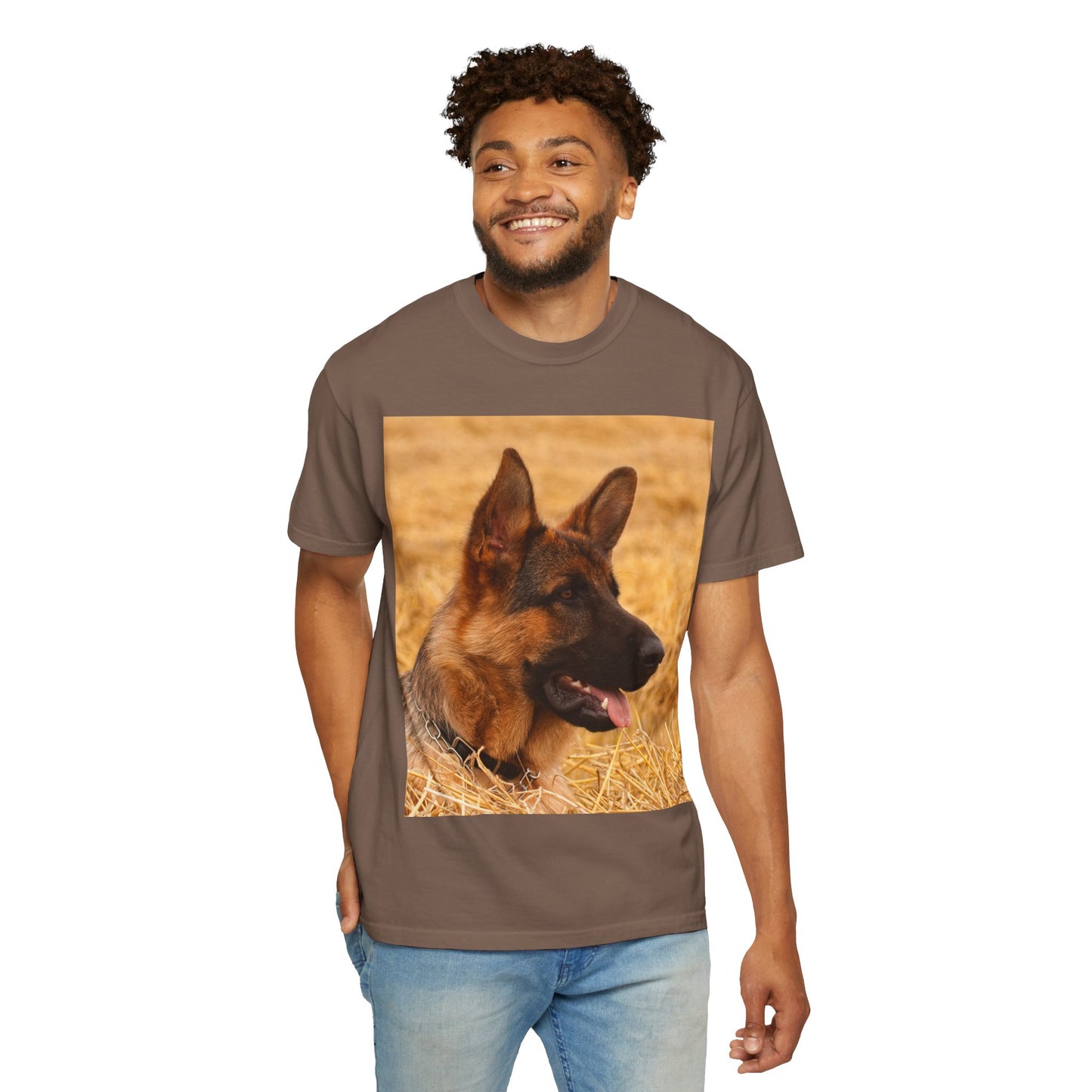 Unisex Dog Lovers T-Shirt Featuring German Shepherd Resting on the Dry Grass
