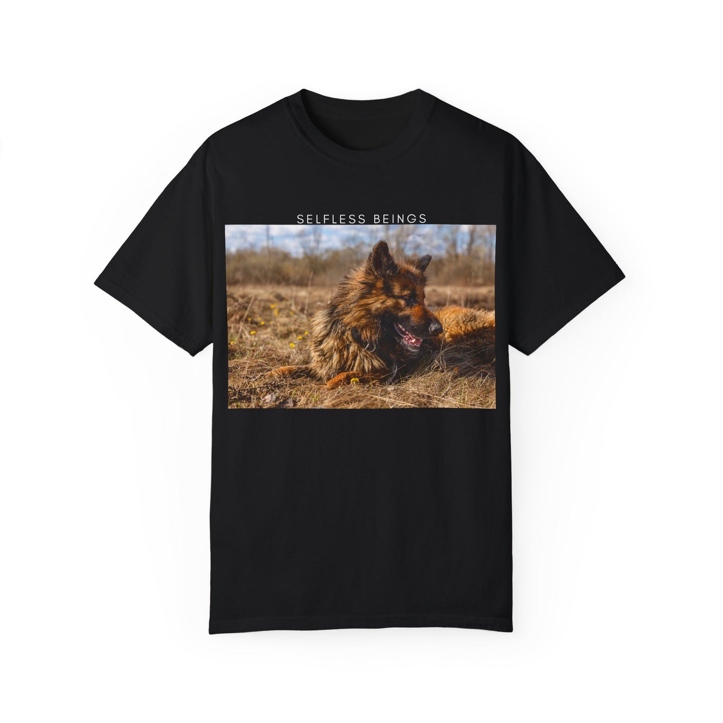 Unisex Dog Lover T-Shirt With a German Shepherd Lying on the Dry Grass in Spring and Caption Selfless Beings