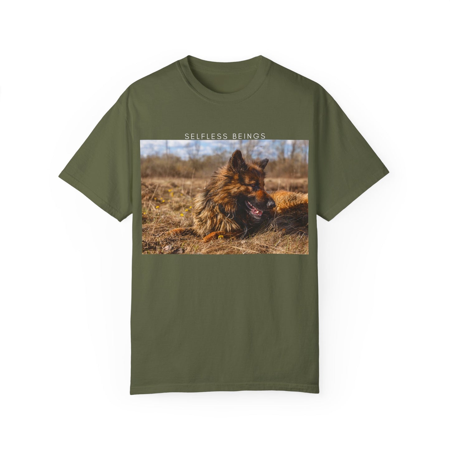 Unisex Dog Lover T-Shirt With a German Shepherd Lying on the Dry Grass in Spring and Caption Selfless Beings