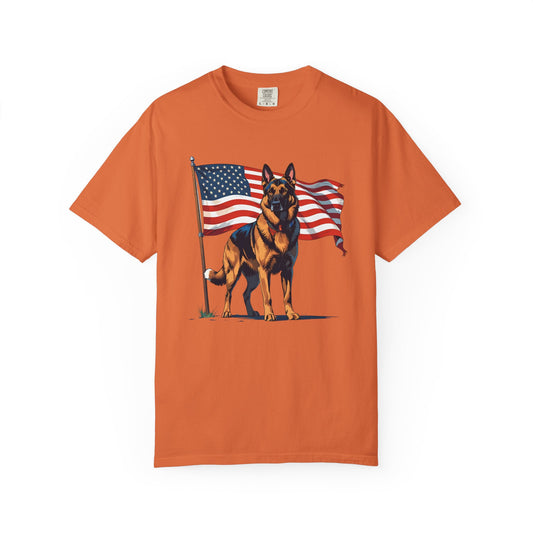 Patriotic German Shepherd Dog T-Shirt, Unisex Garment-Dyed Tee, Dog Lover Gift, US Independence Day Apparel, Casual Wear for Pet Lovers