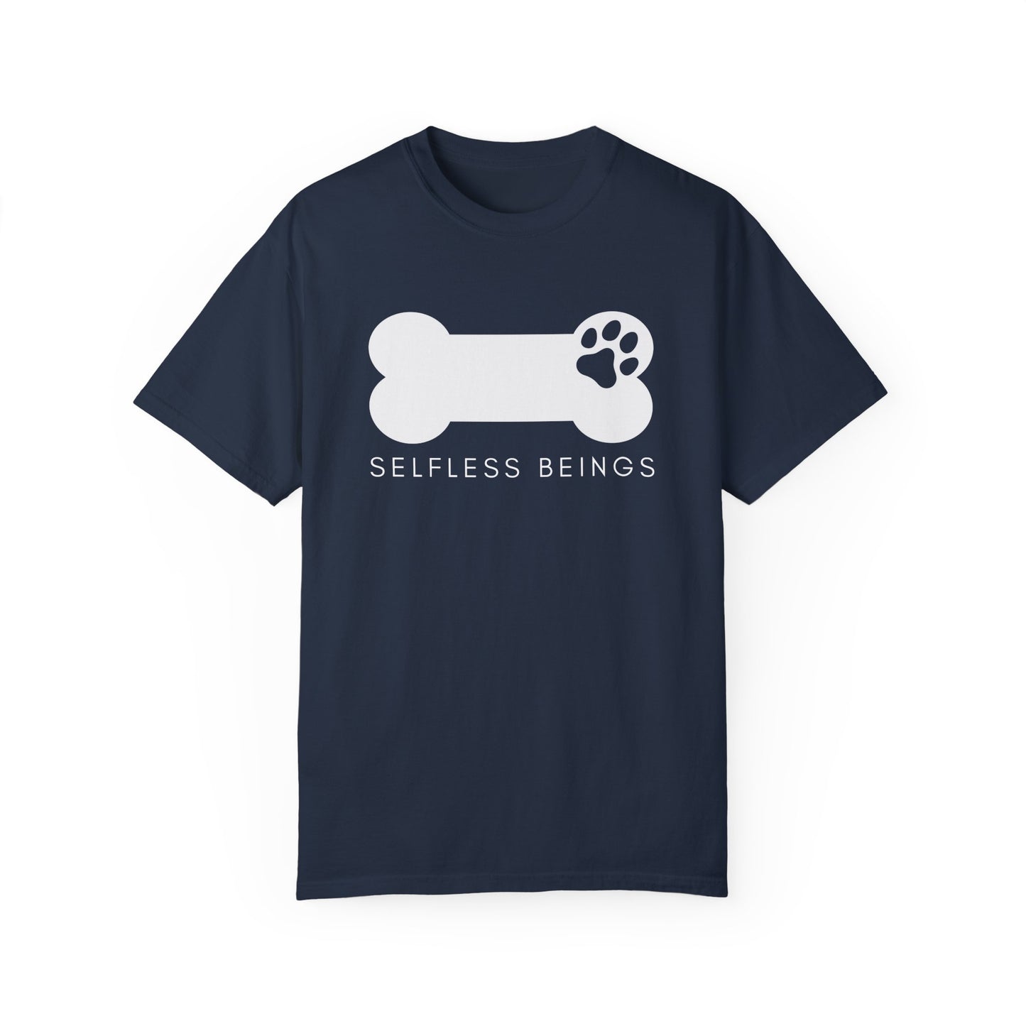 Unisex Dog Lover T-Shirt With Dog's Paw Print Inside a Bone and Caption Selfless Beings