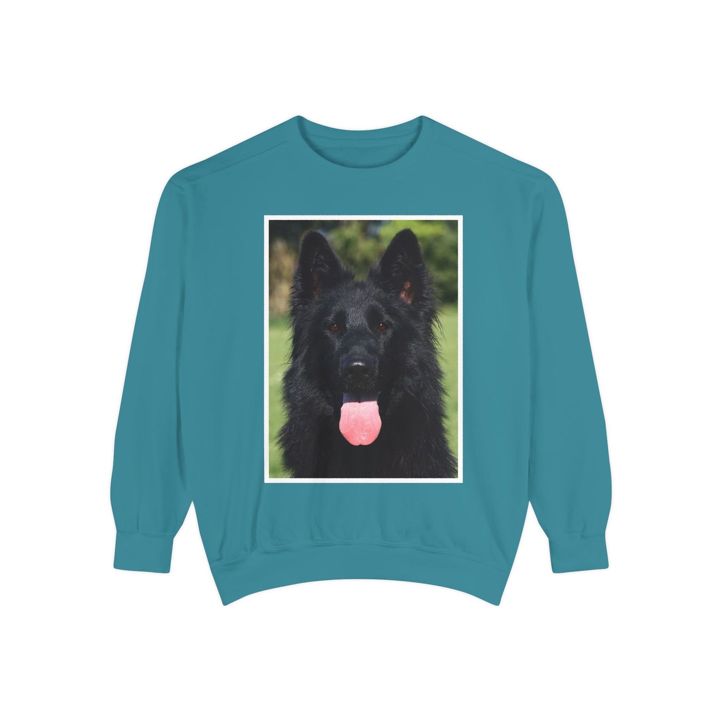 Unisex Dog Lover Sweatshirt With a Close Up of Solid Black German Shepherd Leaving Hanging Tongue