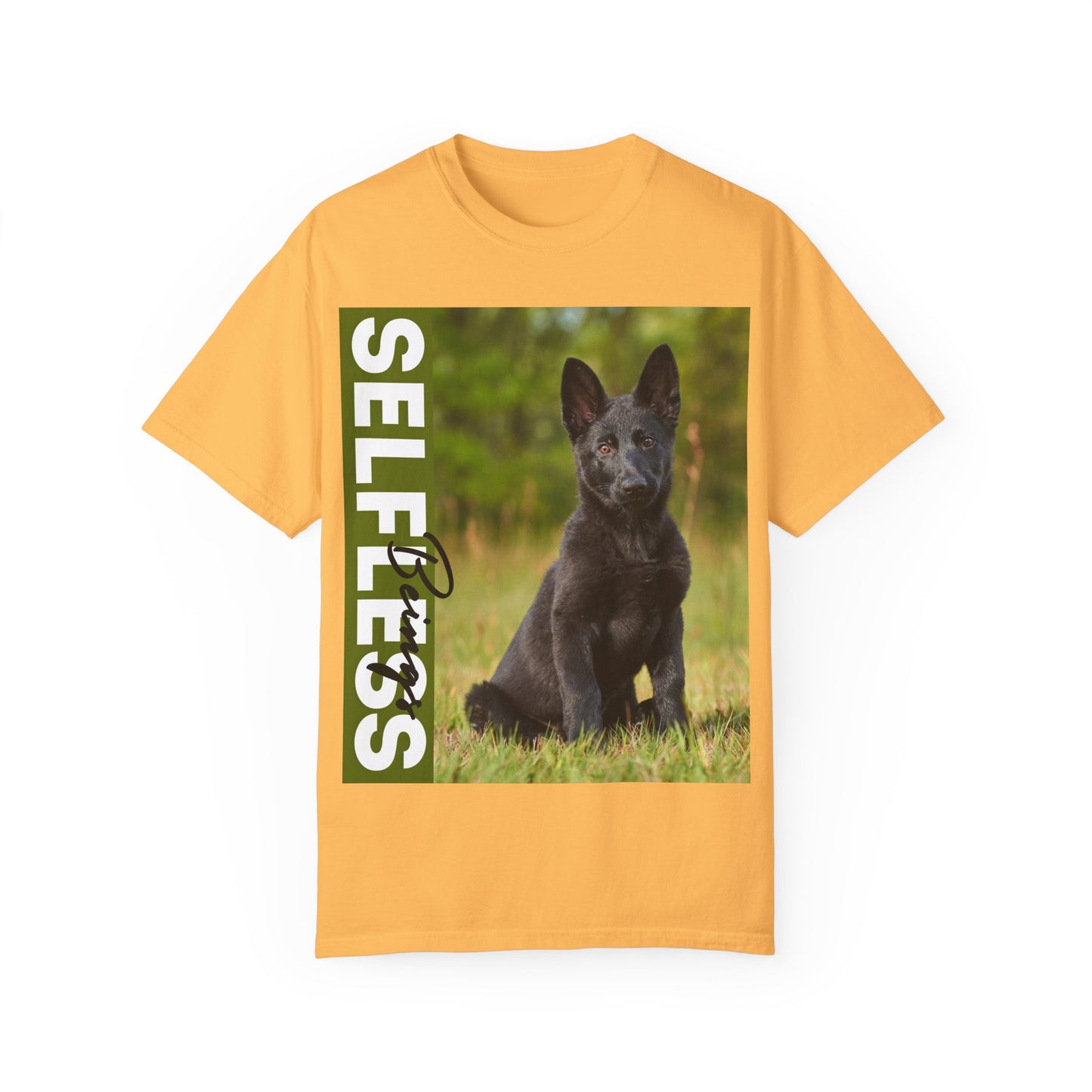 Unisex Dog Lover T-Shirt With Solid Black German Shepherd Puppy Sloppily Sitting on the Green Pasture and Caption Selfless Beings
