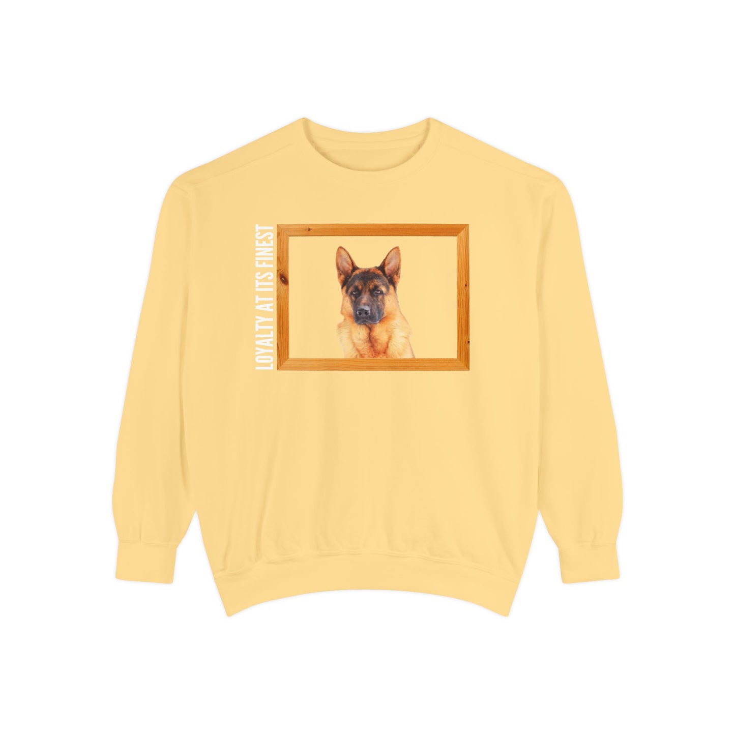 Unisex Dog Lover Sweatshirt With a German Shepherd's Head Inside a Wooden Frame and Caption Loyalty at Its Finest