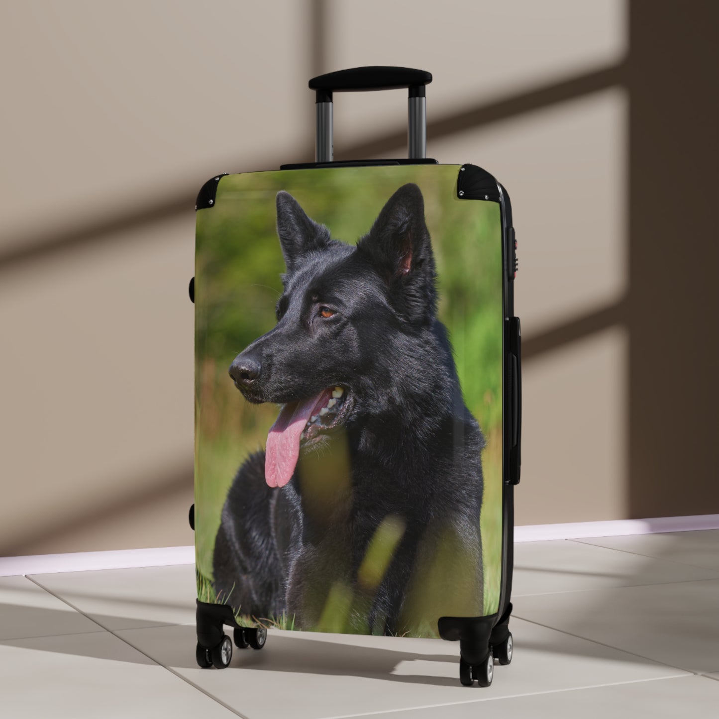 Dog Lovers Suitcase Featuring a Black German Shepherd Resting on Grass Looking Sideways