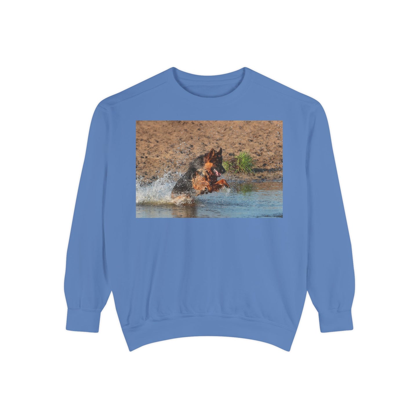 Unisex Dog Lover Sweatshirt With a Long Coat German Shepherd Jumps in the River
