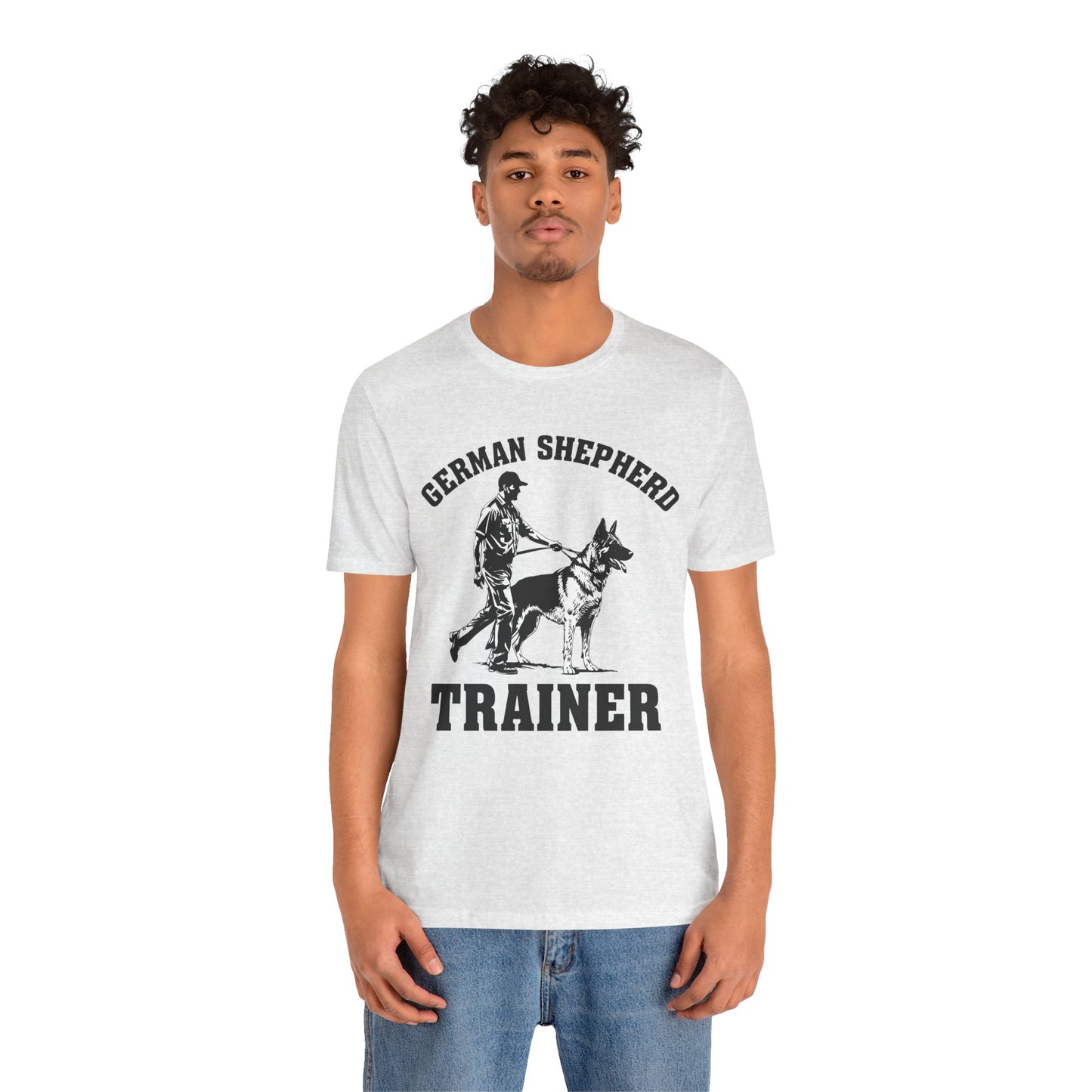 German Shepherd Trainer Tee - Black and White Design of Man Holding a German Shepherd