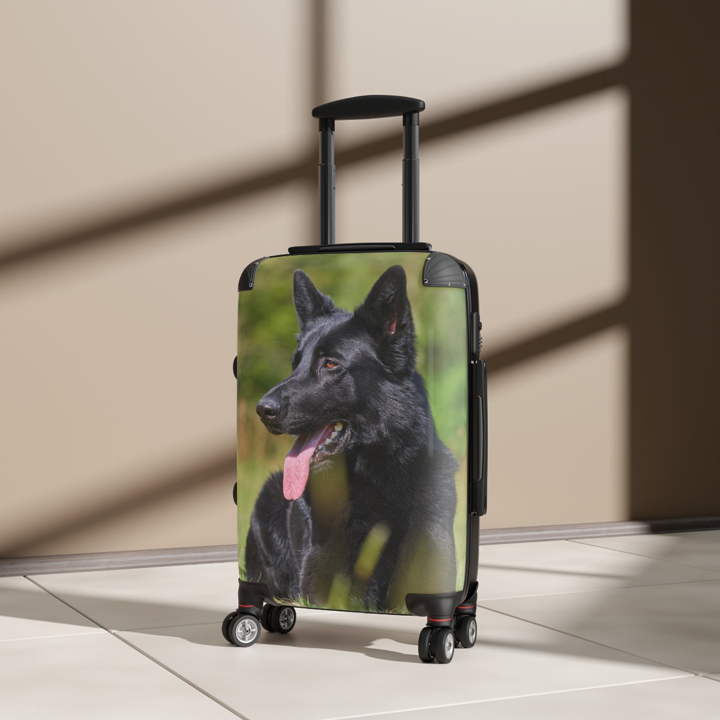 Dog Lovers Suitcase Featuring a Black German Shepherd Resting on Grass Looking Sideways