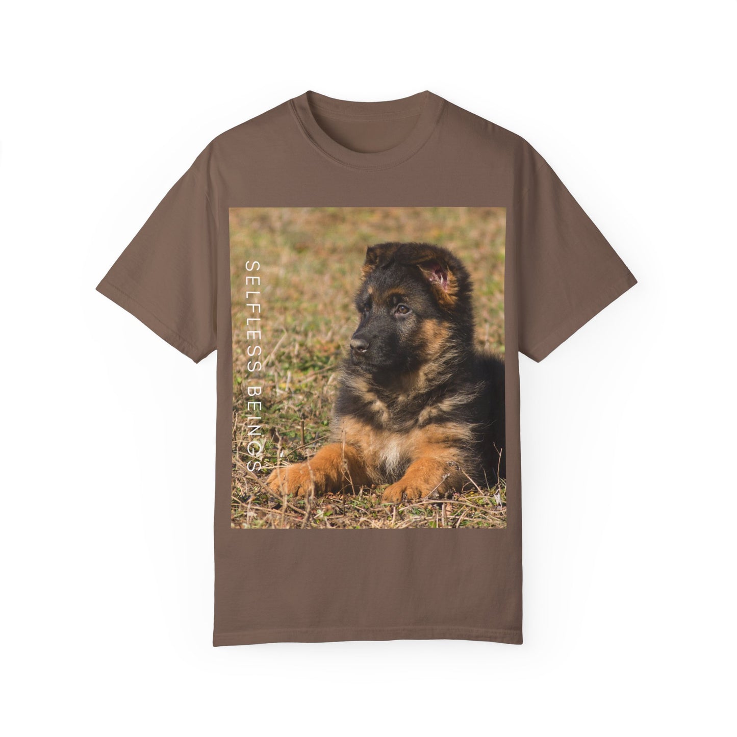 Unisex Dog Lover T-Shirt With Beautiful German Shepherd Puppy Resting On the Grass and Caption Selfless Beings