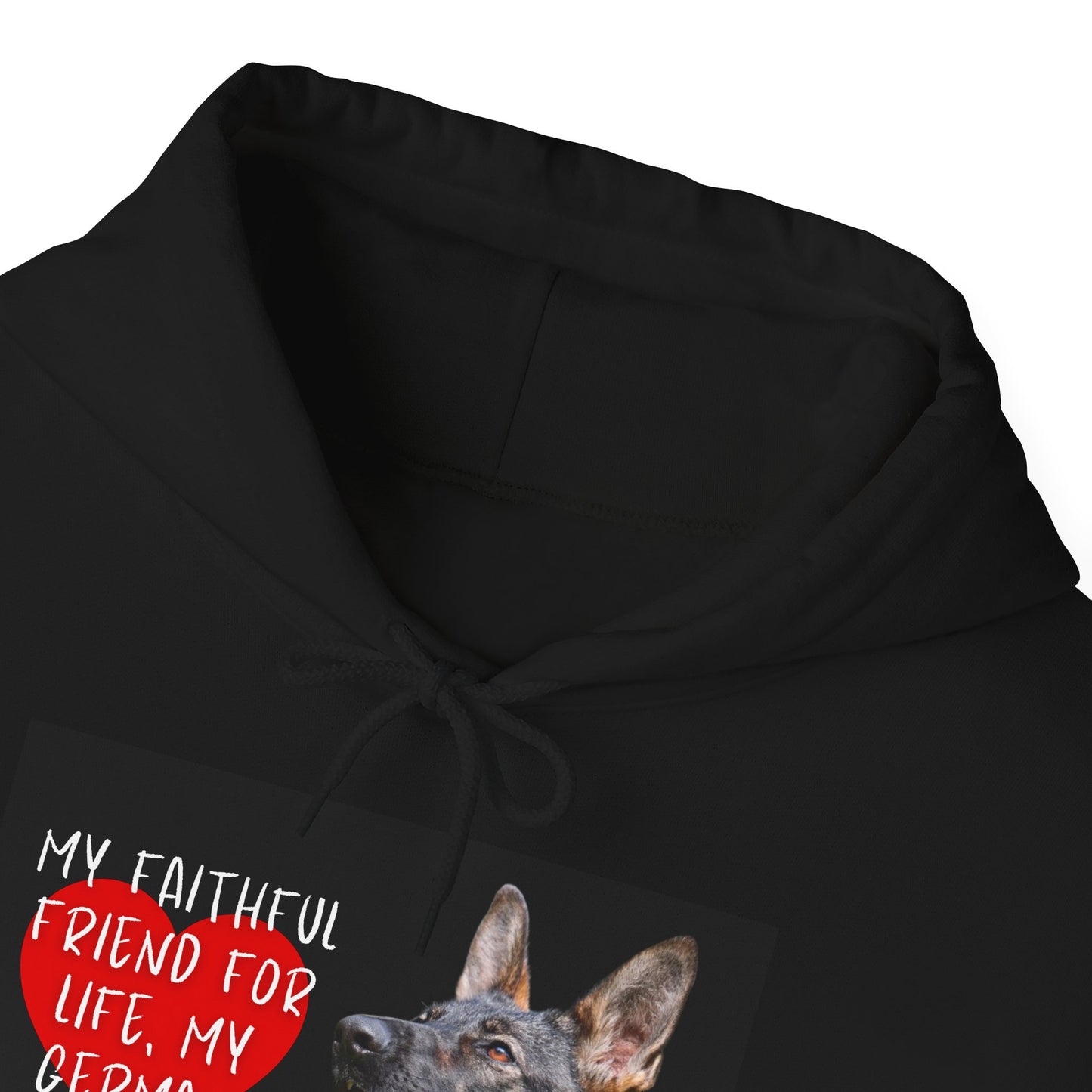 Unisex Dog Lover Hoodie With a Working Line German Shepherd and Caption Faithful Friend on Top of Red Heart
