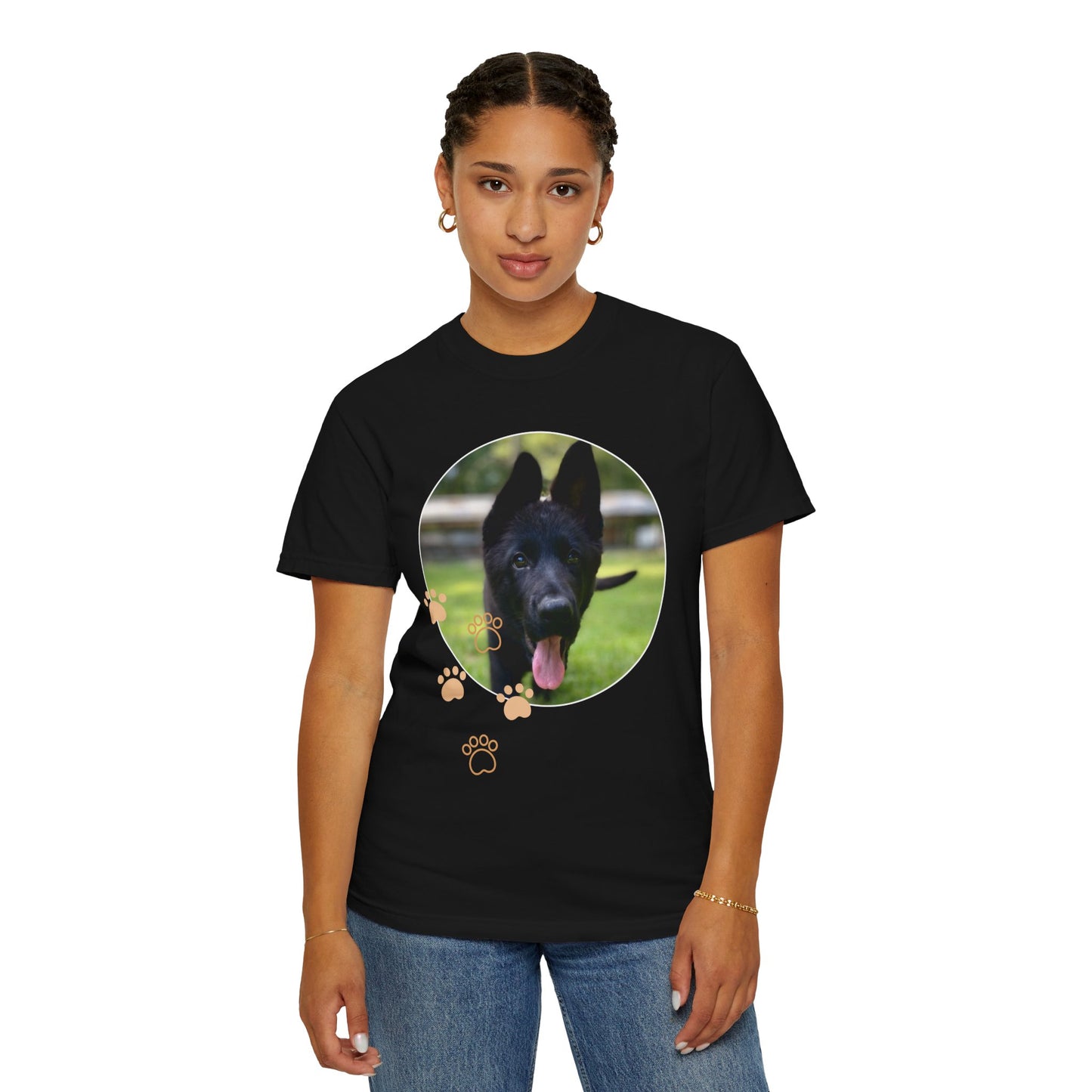 Unisex Dog Lover T-Shirt With Black German Shepherd Puppy Walking on Grass Leaving Tongue Out and Paw Icons