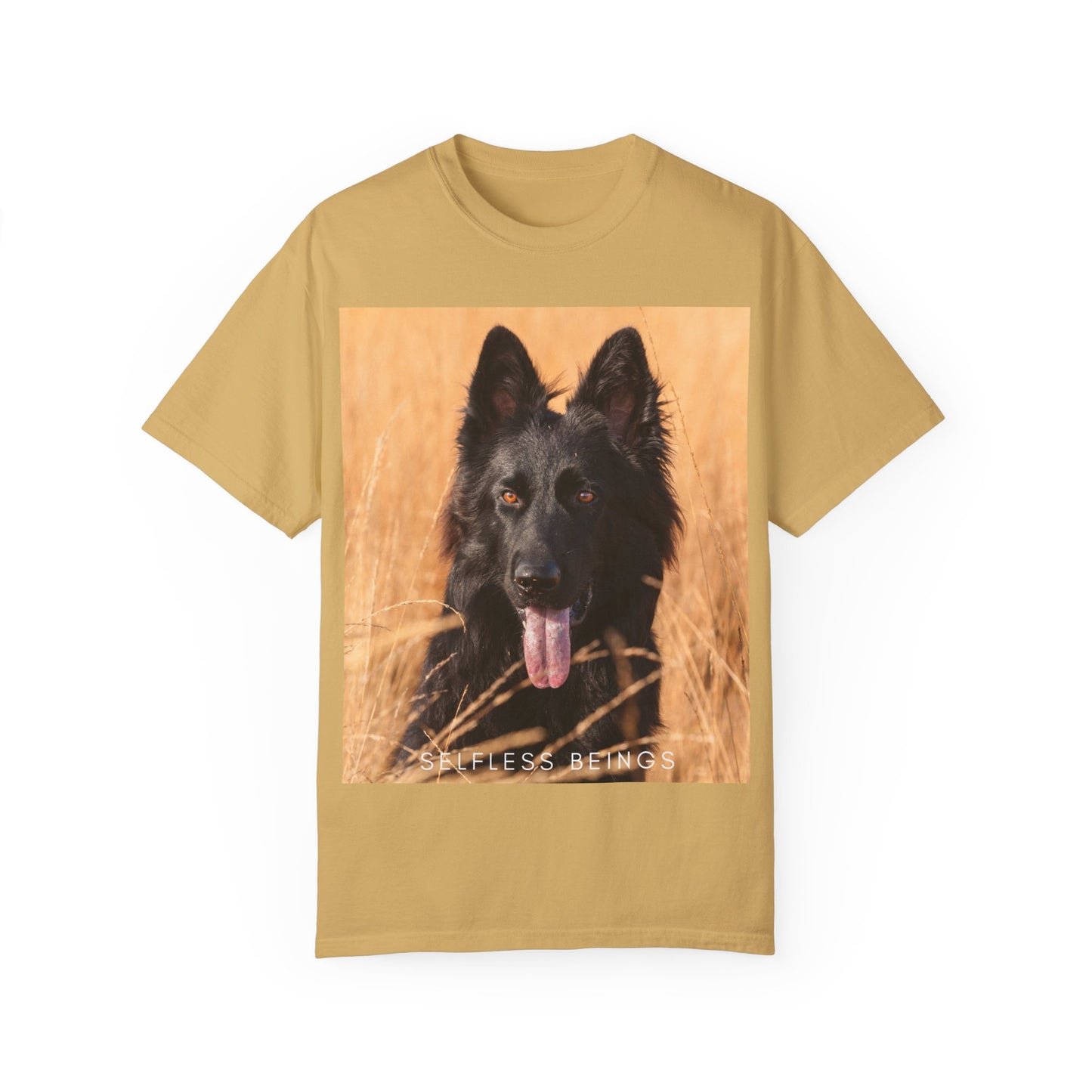 Unisex Dog Lover T-Shirt With Solid Black German Shepherd in the Middle of Long Dry Grass Leaving Tongue and Caption Selfless Beings