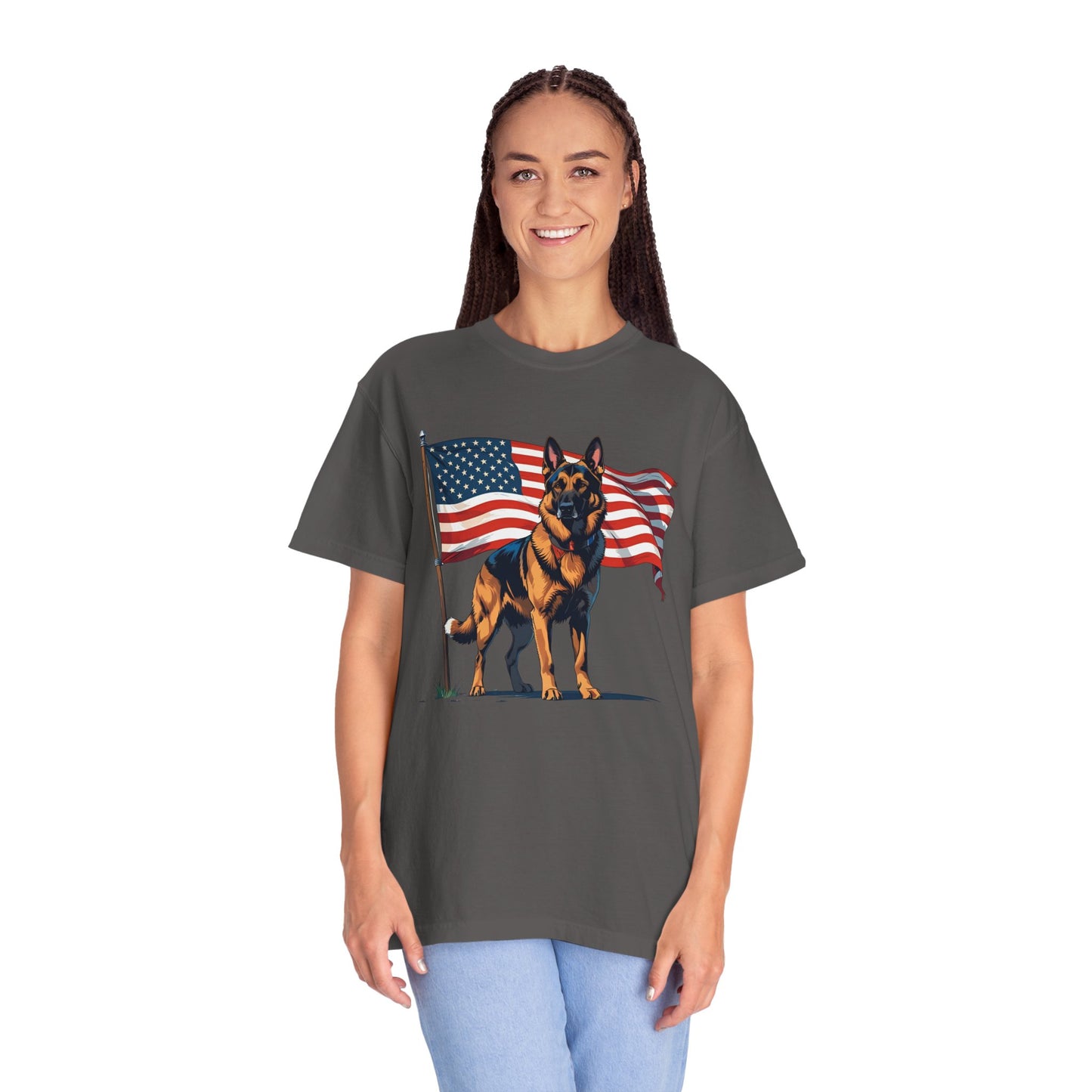 Patriotic German Shepherd Dog T-Shirt, Unisex Garment-Dyed Tee, Dog Lover Gift, US Independence Day Apparel, Casual Wear for Pet Lovers