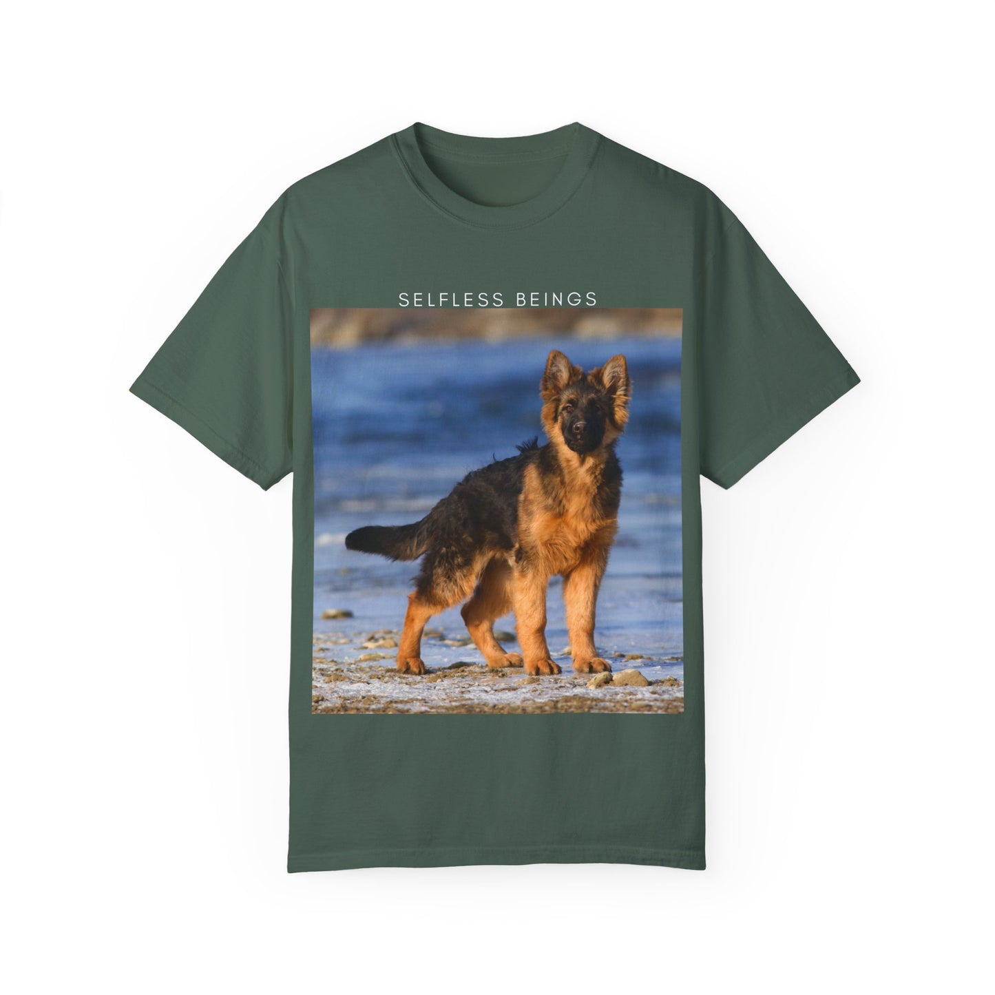 Unisex Dog Lover T-Shirt With German Shepherd Puppy Standing at the Sea Shore and Caption Selfless Beings