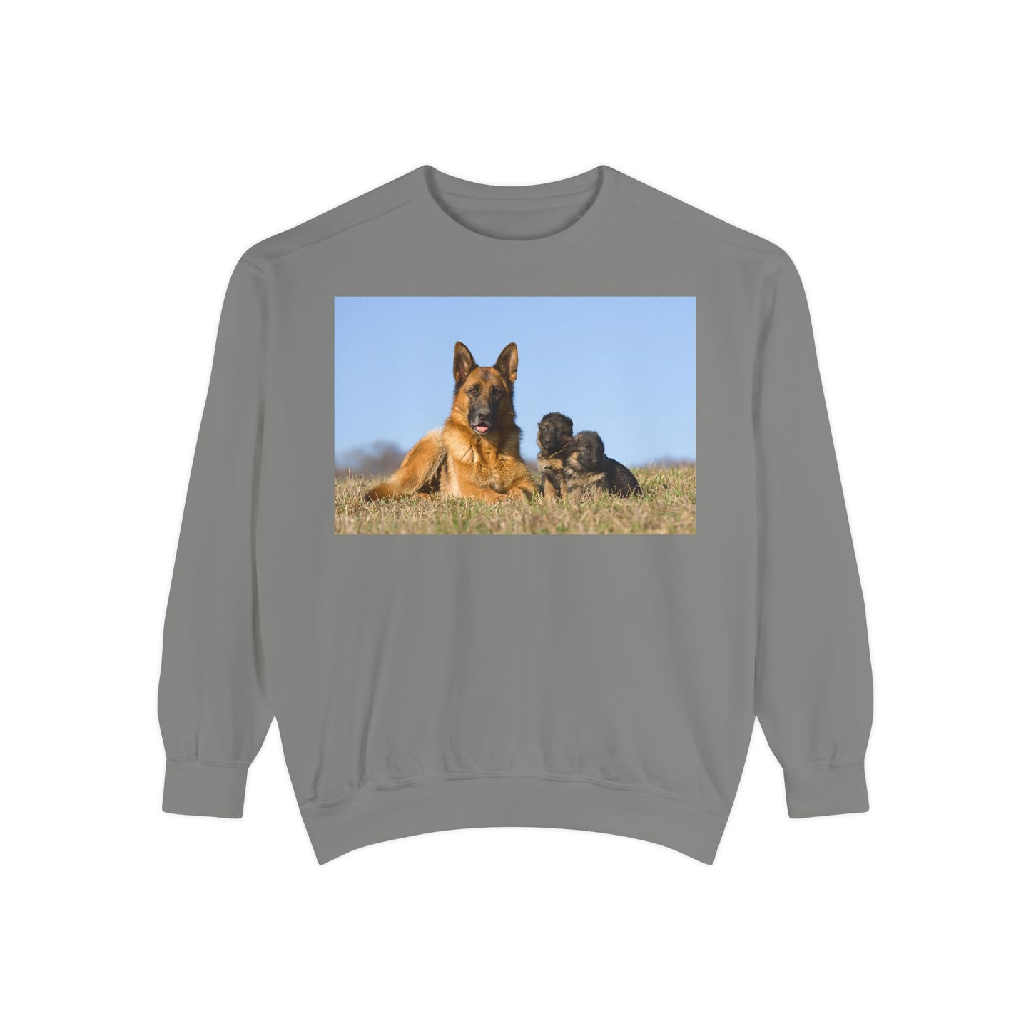 Unisex Dog Lover Sweatshirt With a German Shepherd Lying on the Grass With Two Puppies