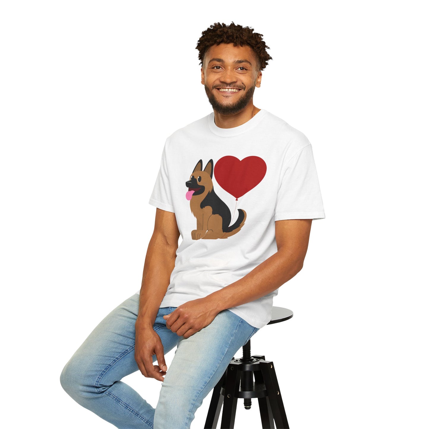 Unisex Dog Lover T-Shirt With a Graphic of German Shepherd Puppy and Heart Shaped Balloon Attached With Tail