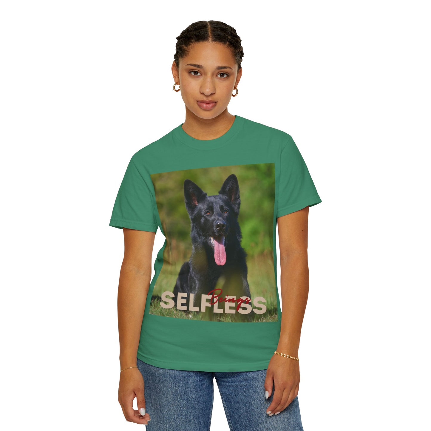 Unisex Dog Lover T-Shirt With Black German Shepherd Resting on the Grass Leaving Tongue Out and Caption Selfless Beings