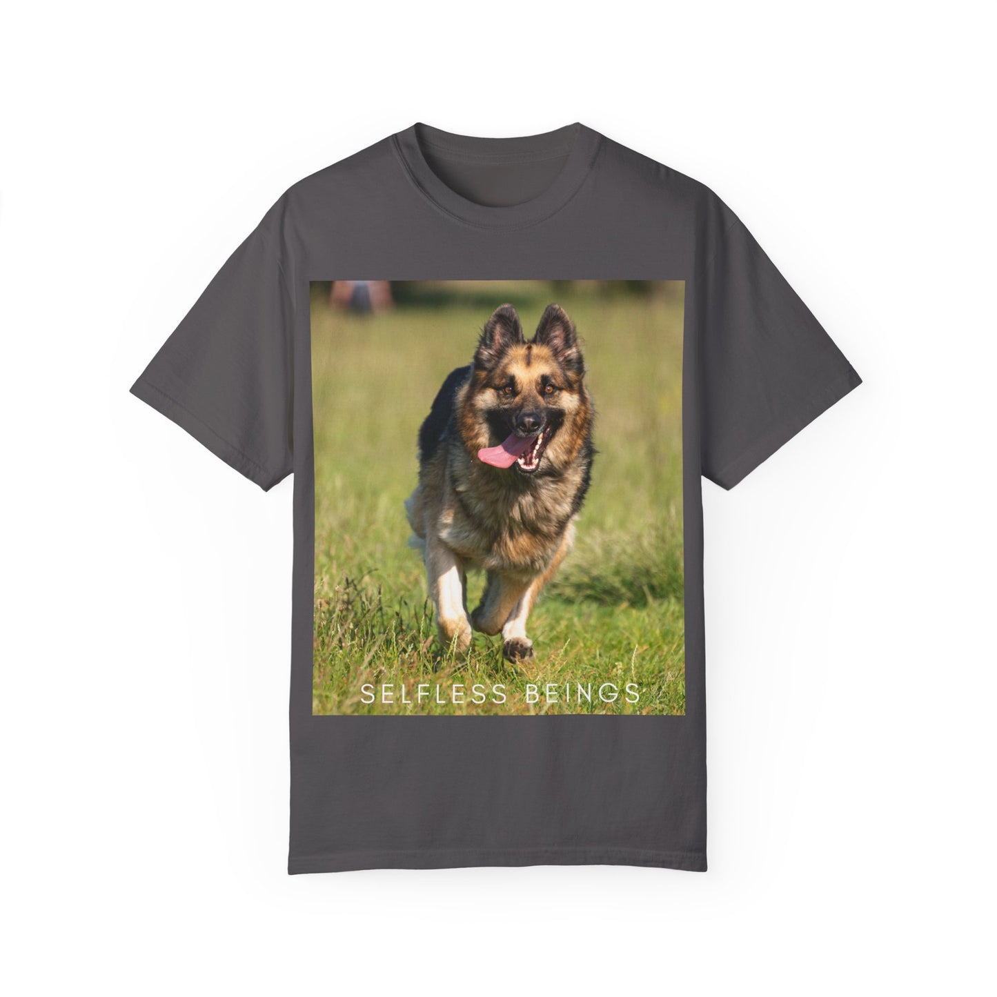 Unisex Dog Lover T-Shirt With Beautiful German Shepherd Running on the Field Leaving Tongue Out and Caption Selfless Beings