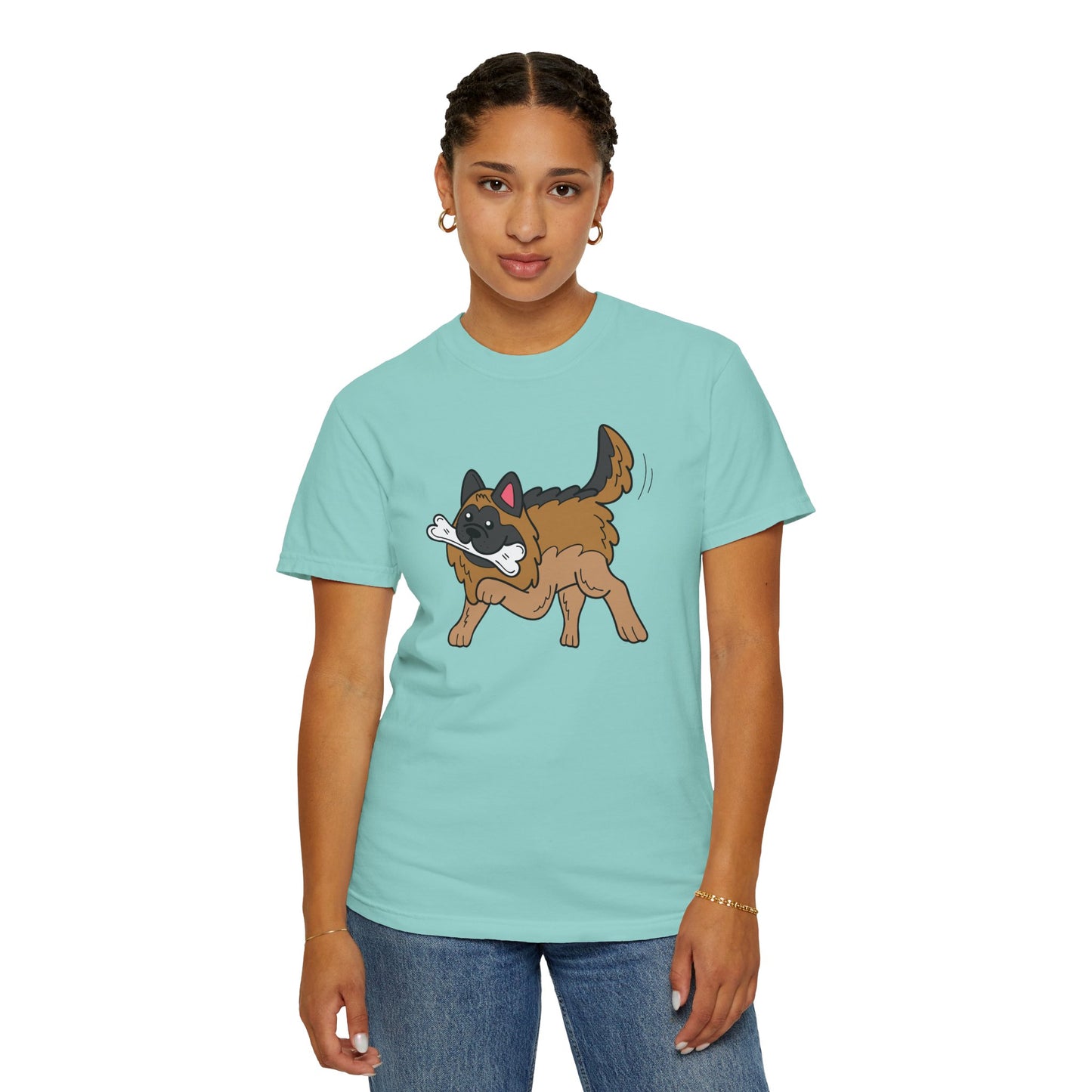 Unisex Dog Lover T-Shirt With a Graphic of a German Shepherd Holding a White Bone in Mouth