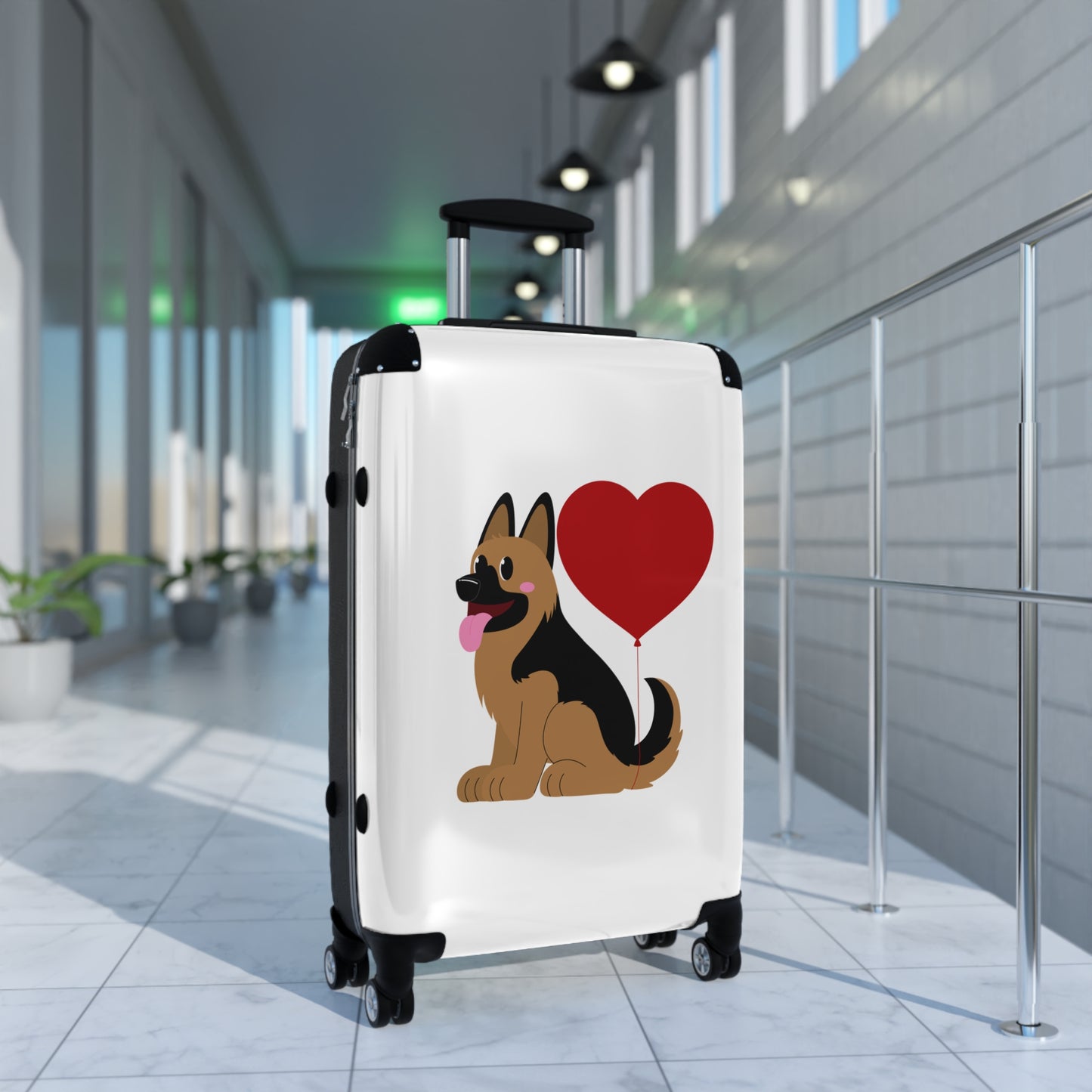 Dog Lover's Suitcase Featuring Graphic of a German Shepherd Puppy and Heart Shaped Balloon Attached to Tail