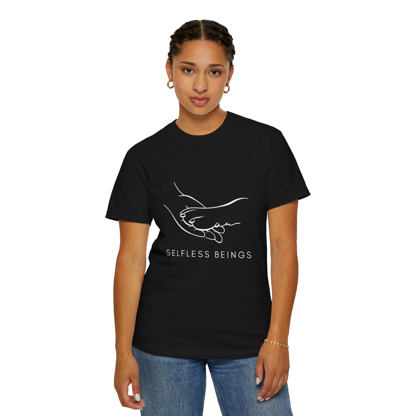 Unisex Dog Lover T-Shirt With Illustration of Dog Paw on Human Hand and Caption Selfless Beings Below