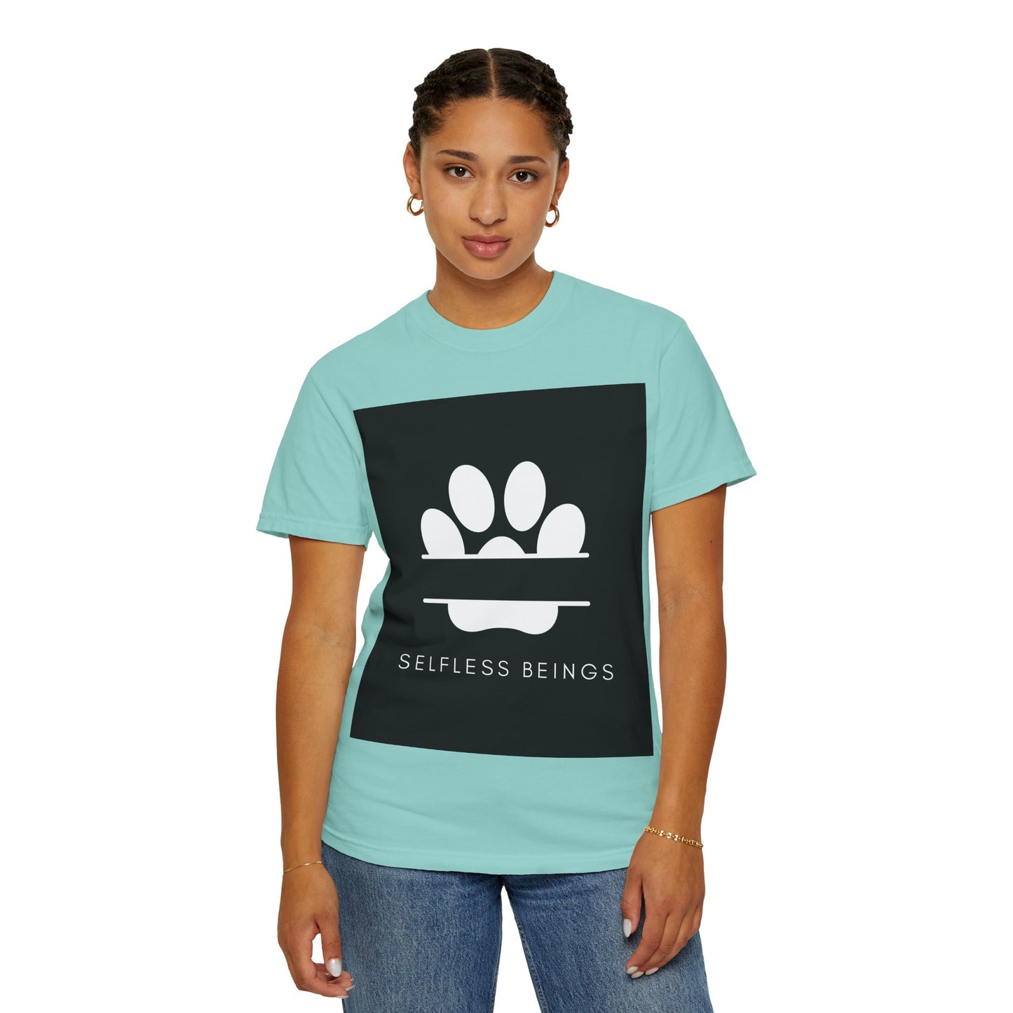 Unisex Dog Lover T-Shirt With Design of Dog's White Paw Print Whose Metacarpal is Split and Caption Selfless Beings